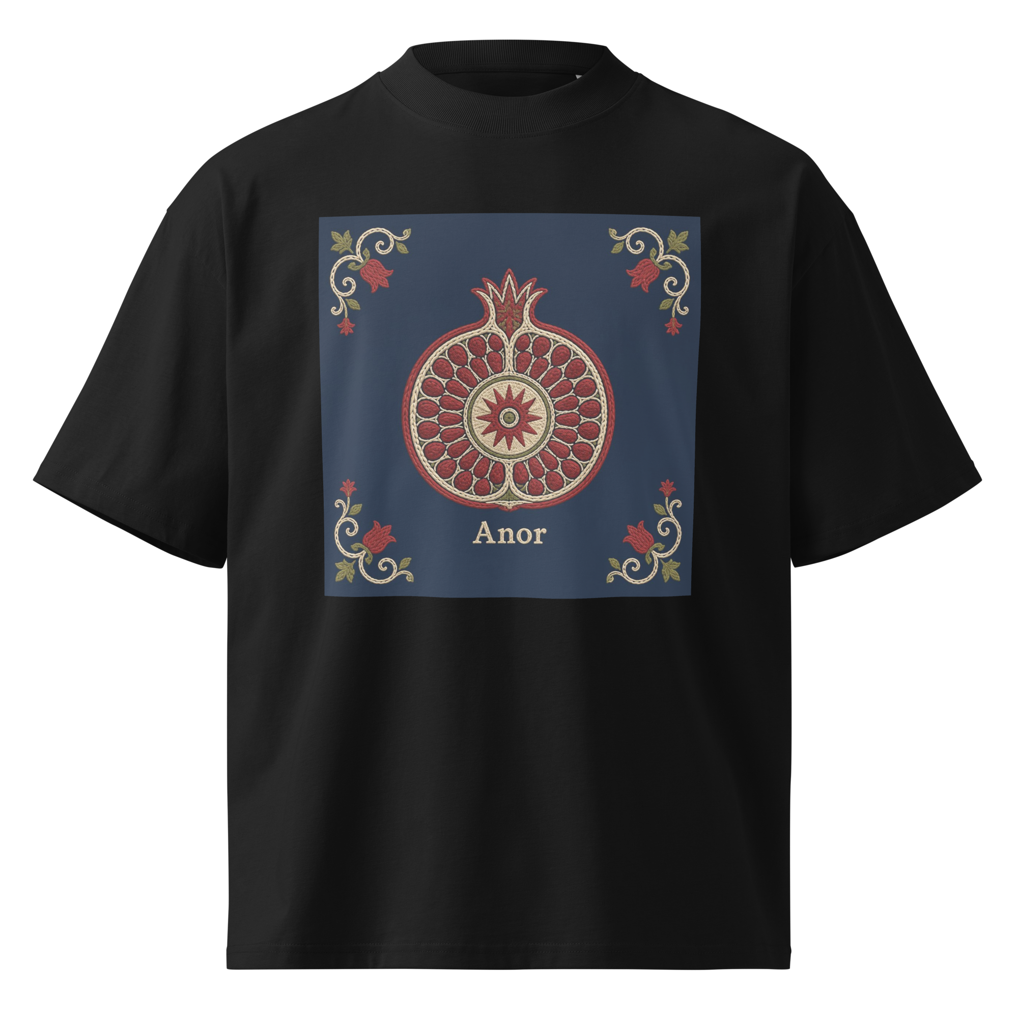 Anor Uzbek pomegranate medallion tee — black, front view
