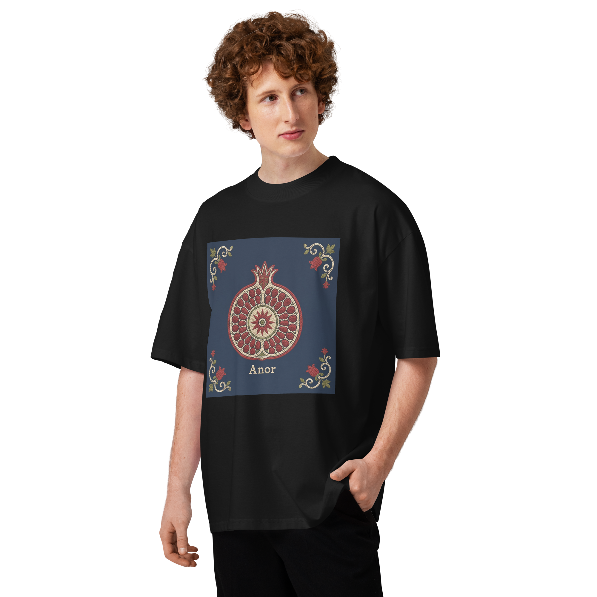 Anor Uzbek pomegranate medallion tee — black, front view