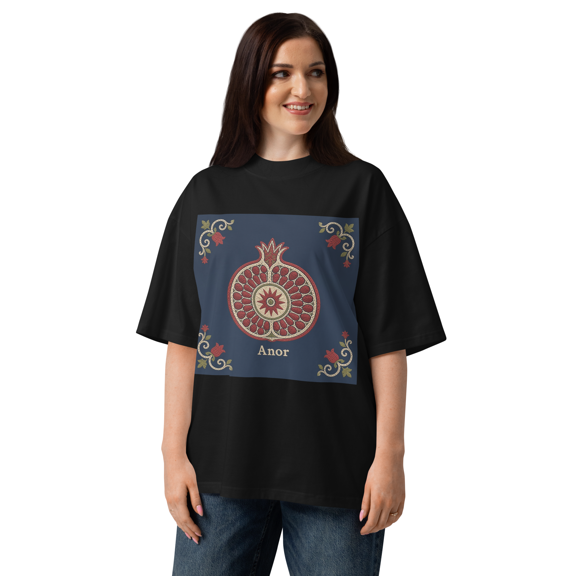 Anor Uzbek pomegranate medallion tee — black, front view