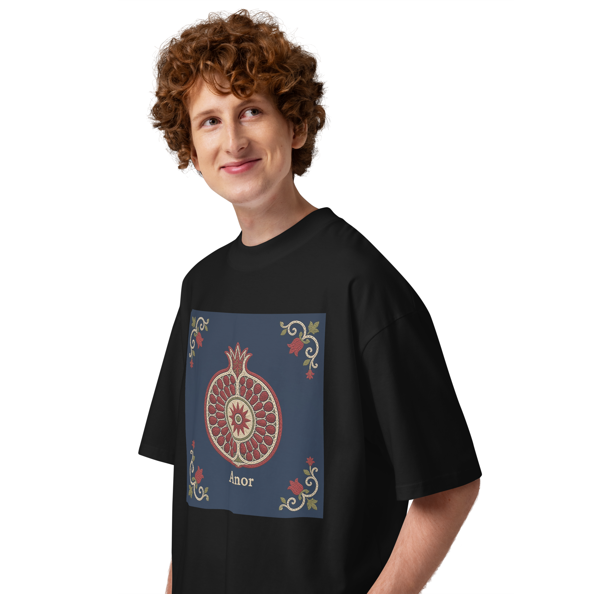 Anor Uzbek pomegranate medallion tee — black, side view