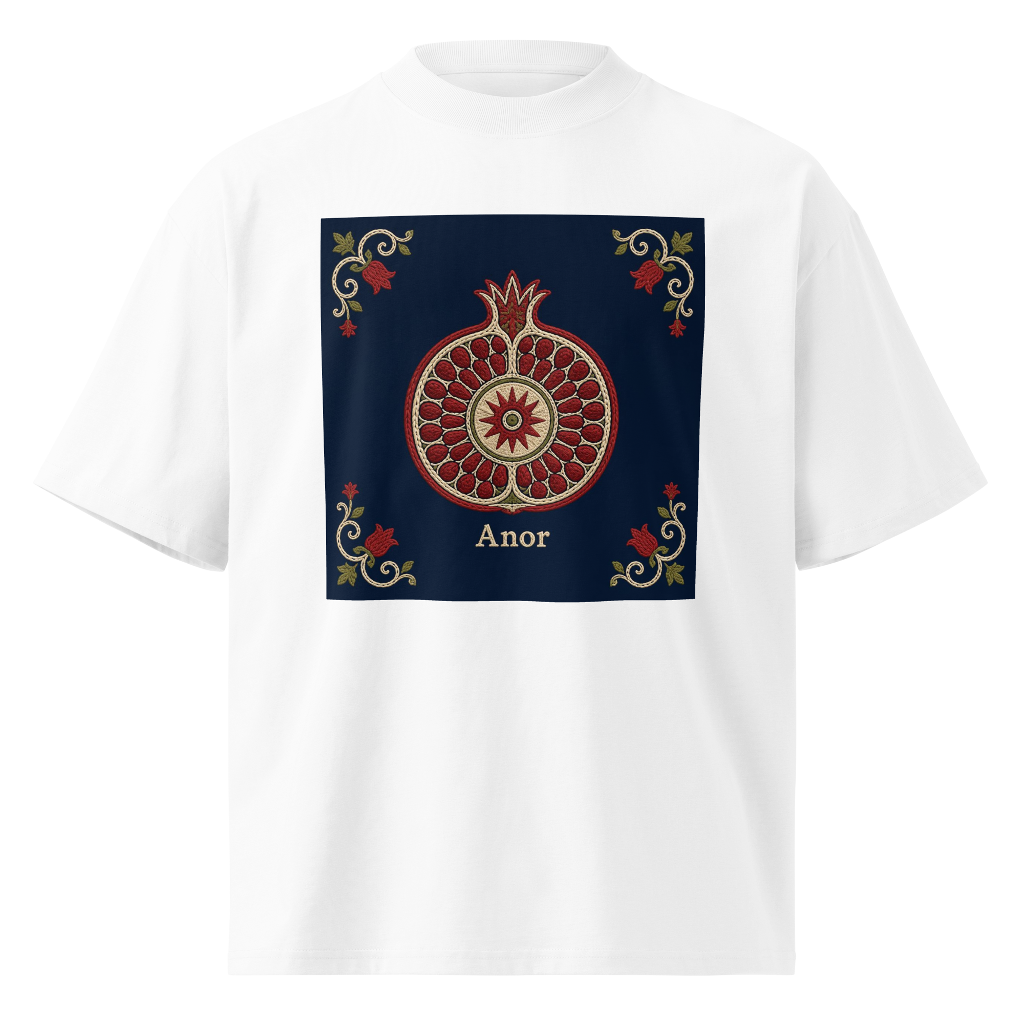 Anor Uzbek pomegranate medallion tee — white, front view
