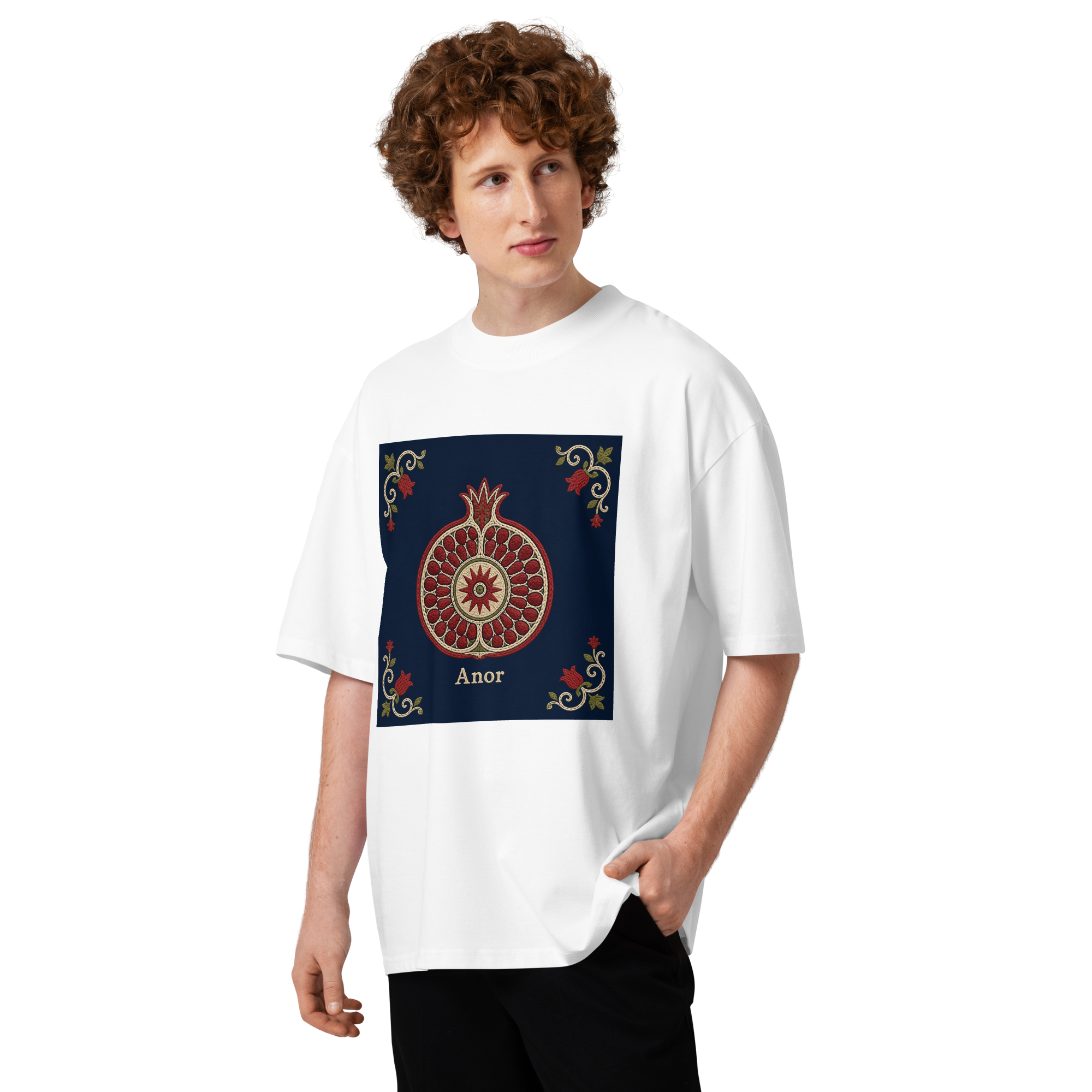 Anor Uzbek pomegranate medallion tee — white, front view