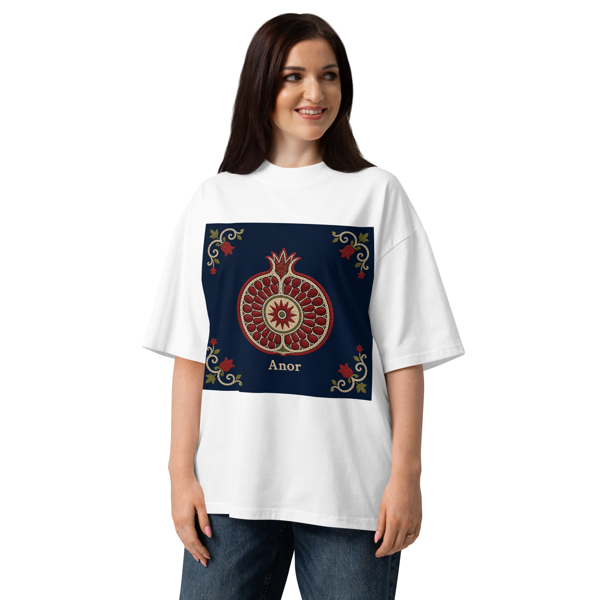 Anor Uzbek pomegranate medallion tee — white, front view