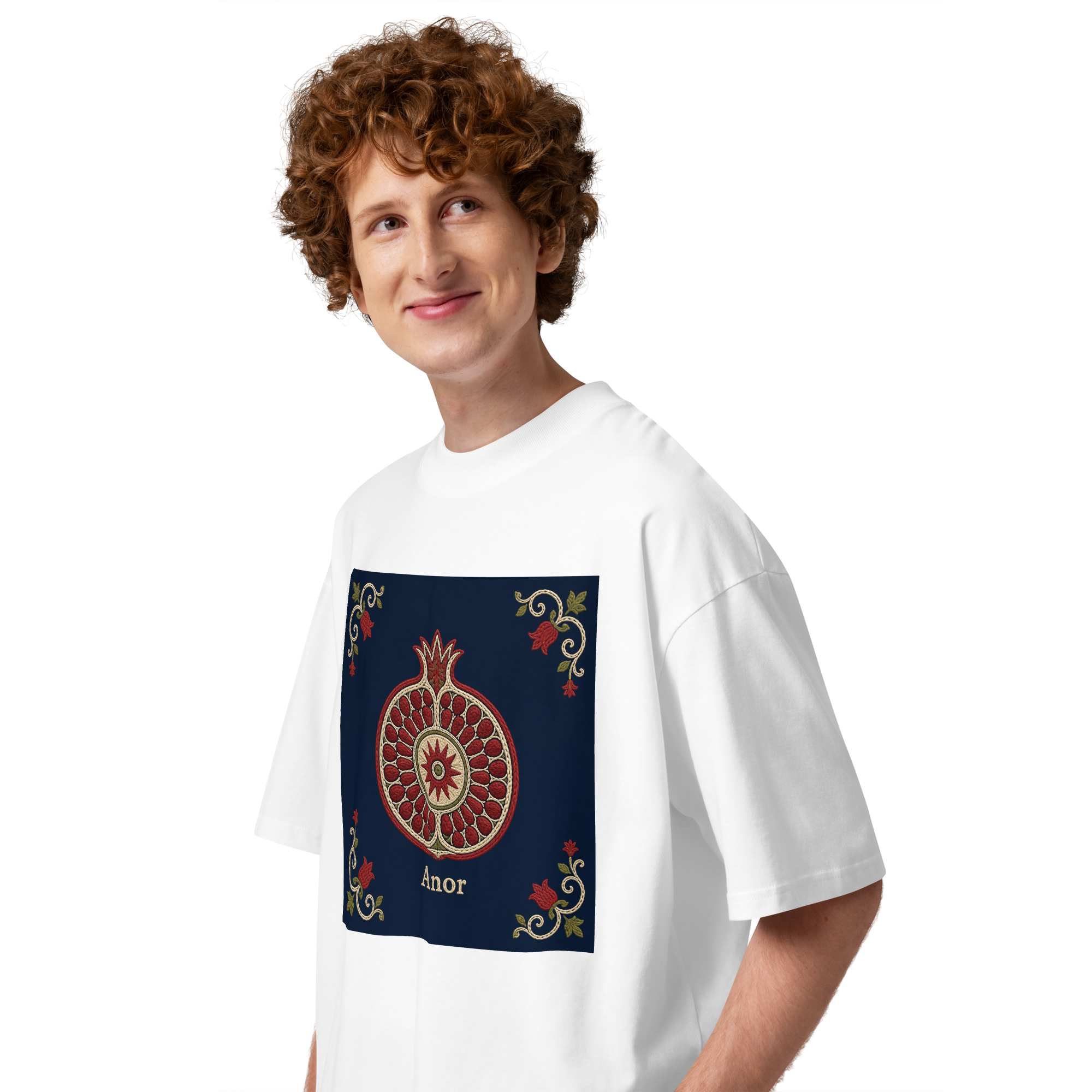 Anor Uzbek pomegranate medallion tee — white, side view