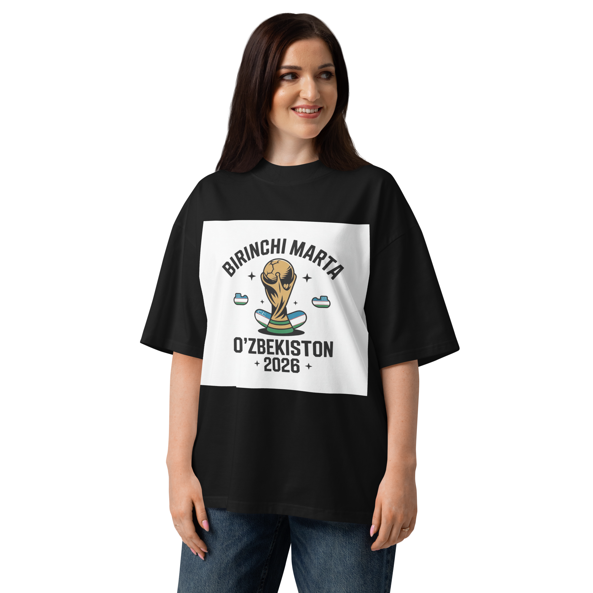 Birinchi Marta Uzbekistan 2026 World Cup trophy tee — black, front view