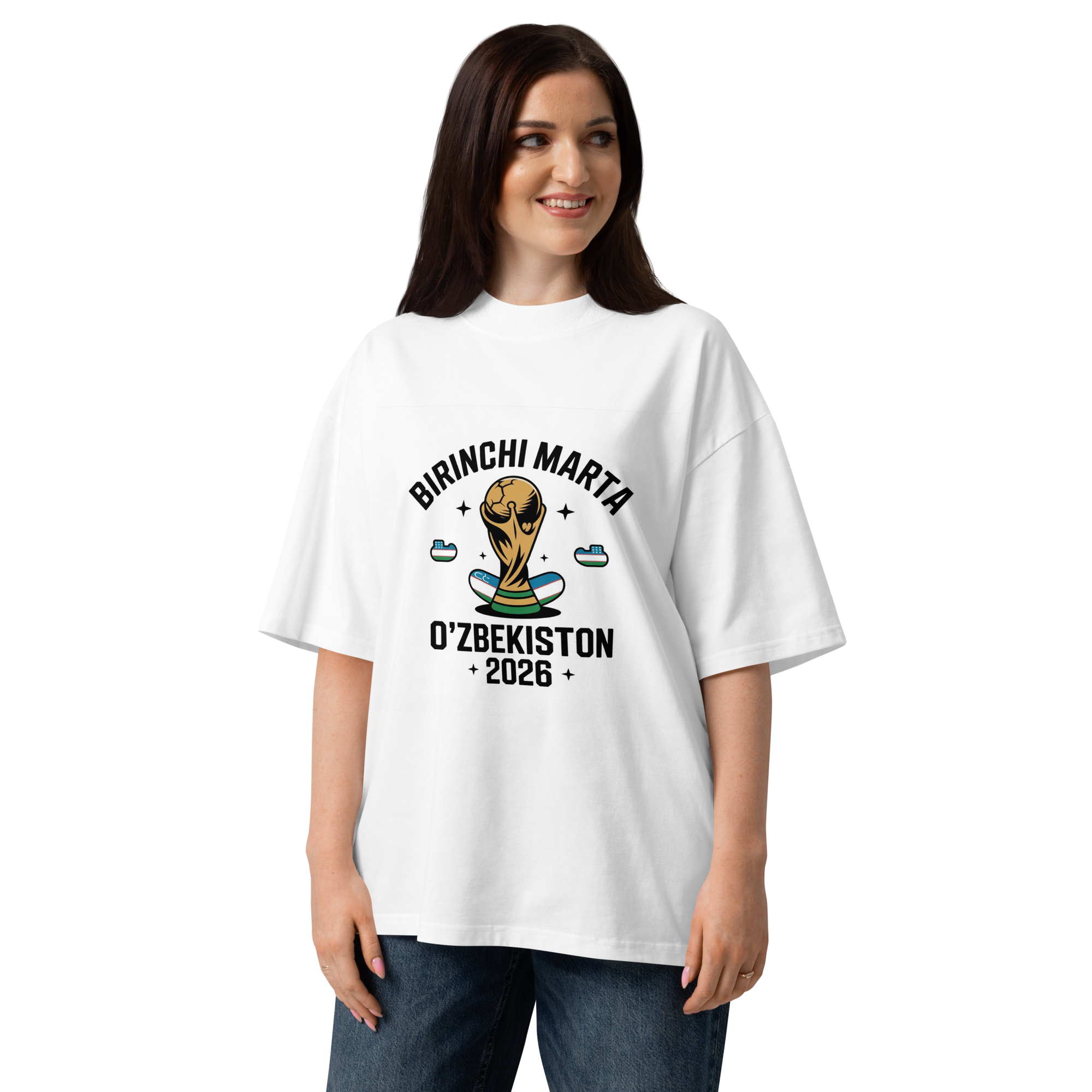 Birinchi Marta Uzbekistan 2026 World Cup trophy tee — white, front view