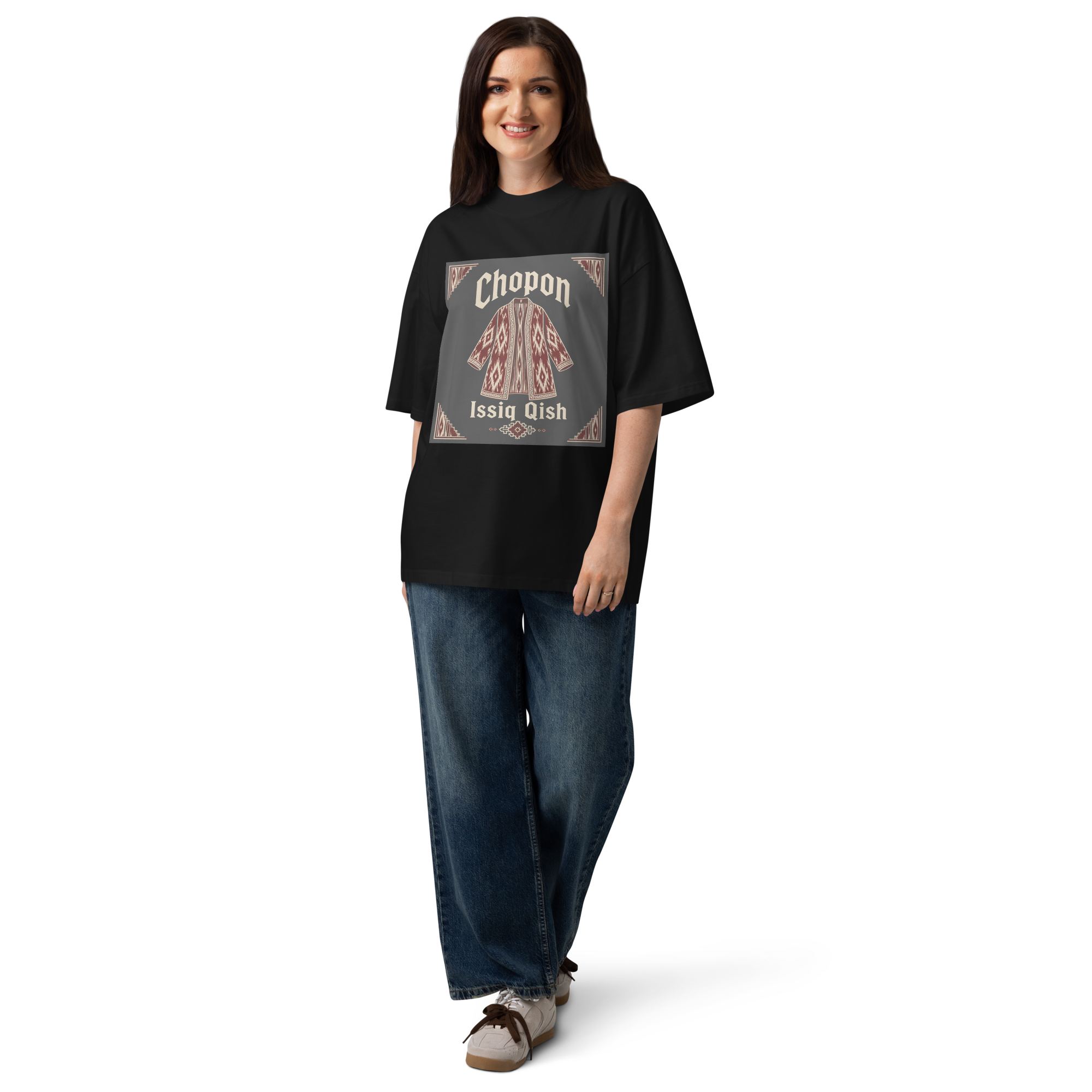 Chopon Issiq Qish traditional robe tee — black, detail view
