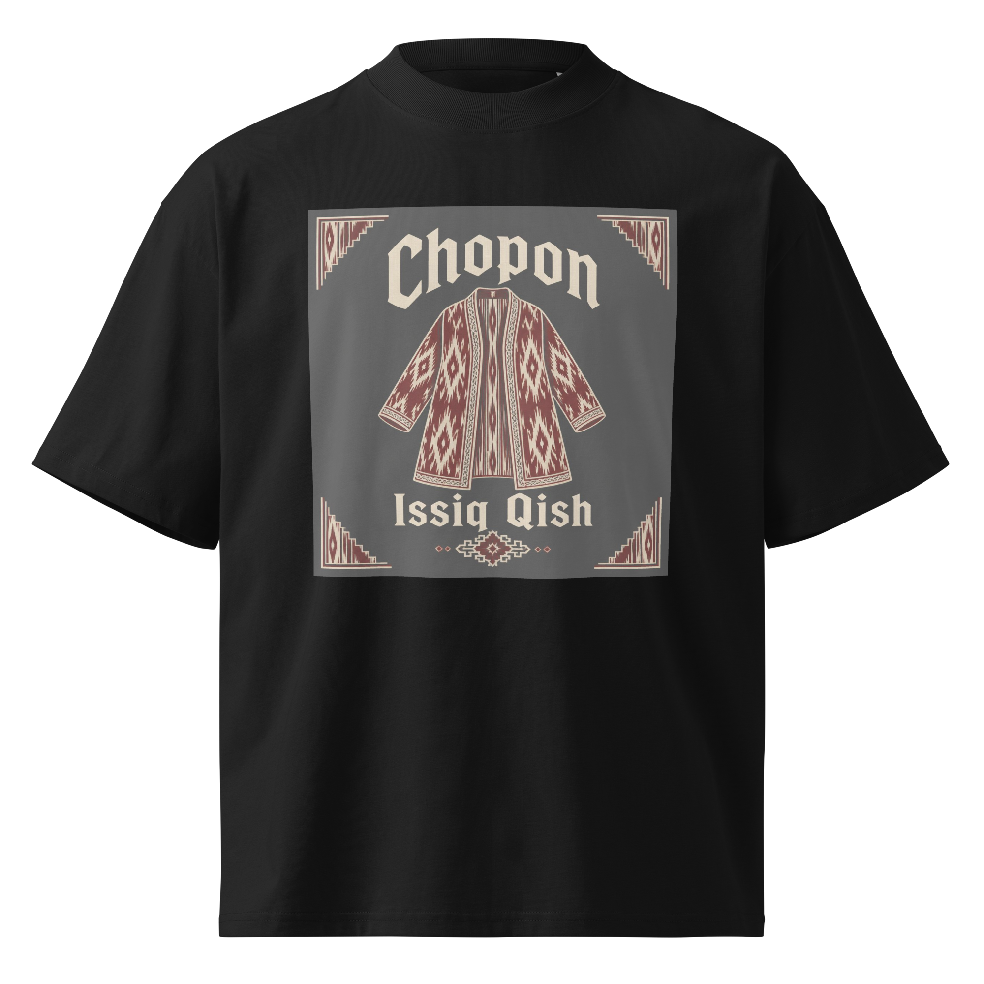 Chopon Issiq Qish traditional robe tee — black, front view