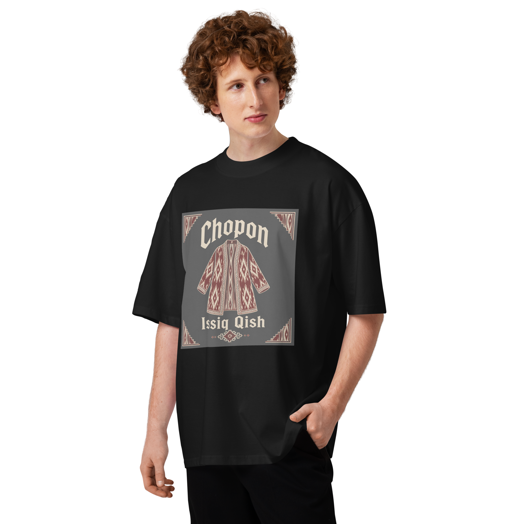 Chopon Issiq Qish traditional robe tee — black, front view