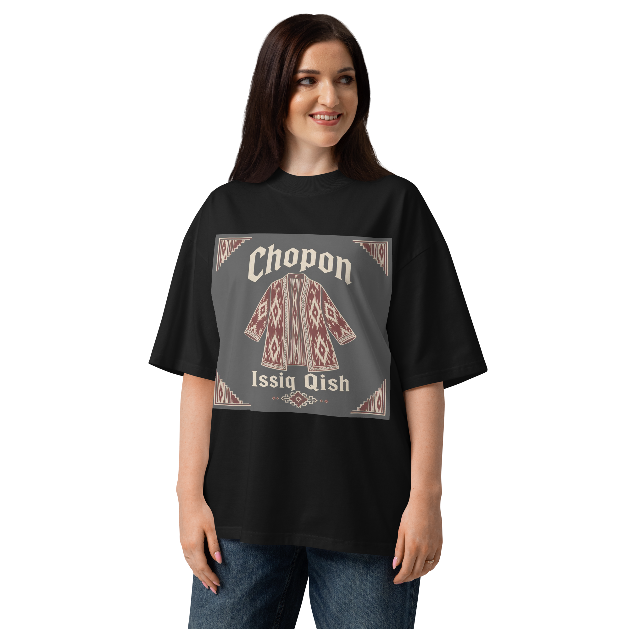 Chopon Issiq Qish traditional robe tee — black, front view