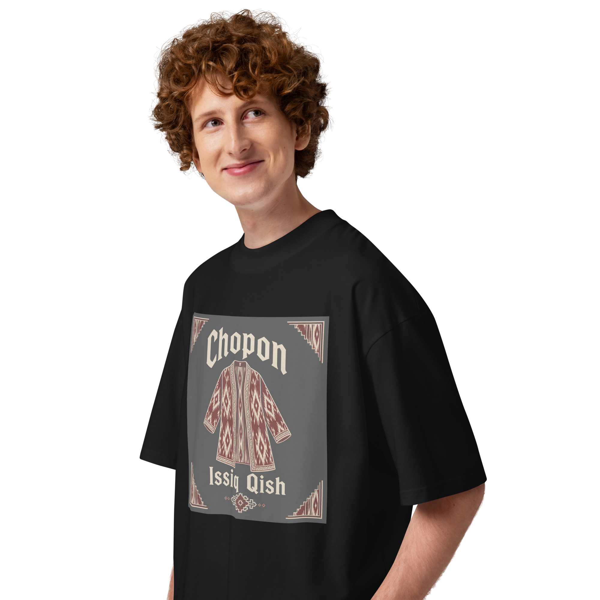Chopon Issiq Qish traditional robe tee — black, side view