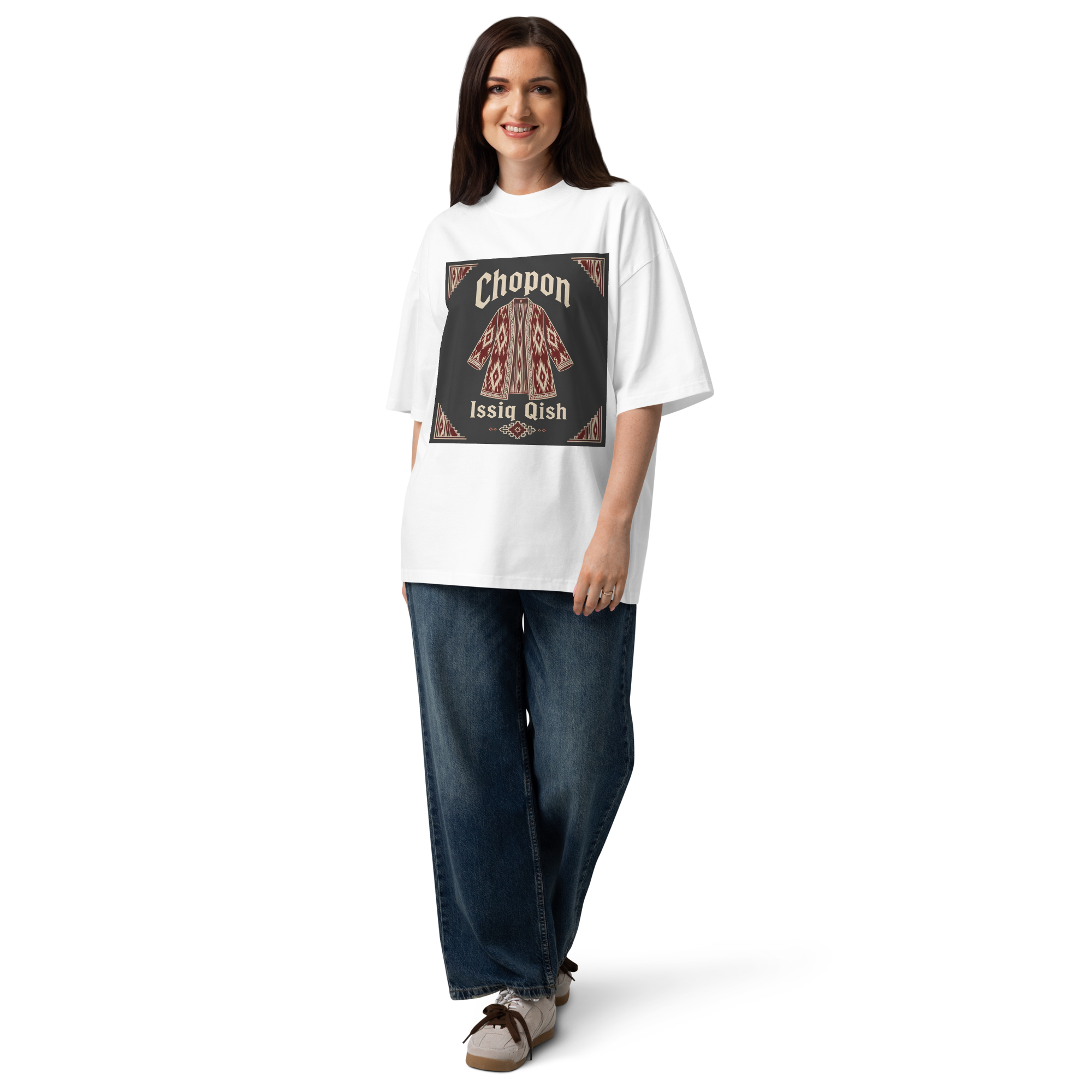 Chopon Issiq Qish traditional robe tee — white, detail view