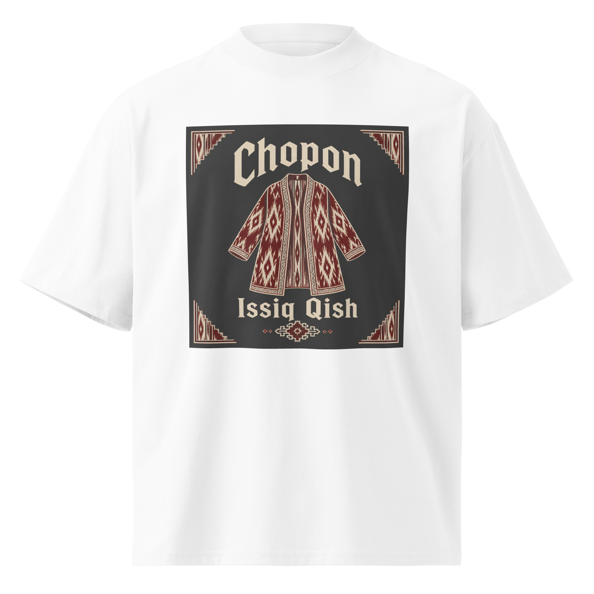 Chopon Issiq Qish traditional robe tee — white, front view