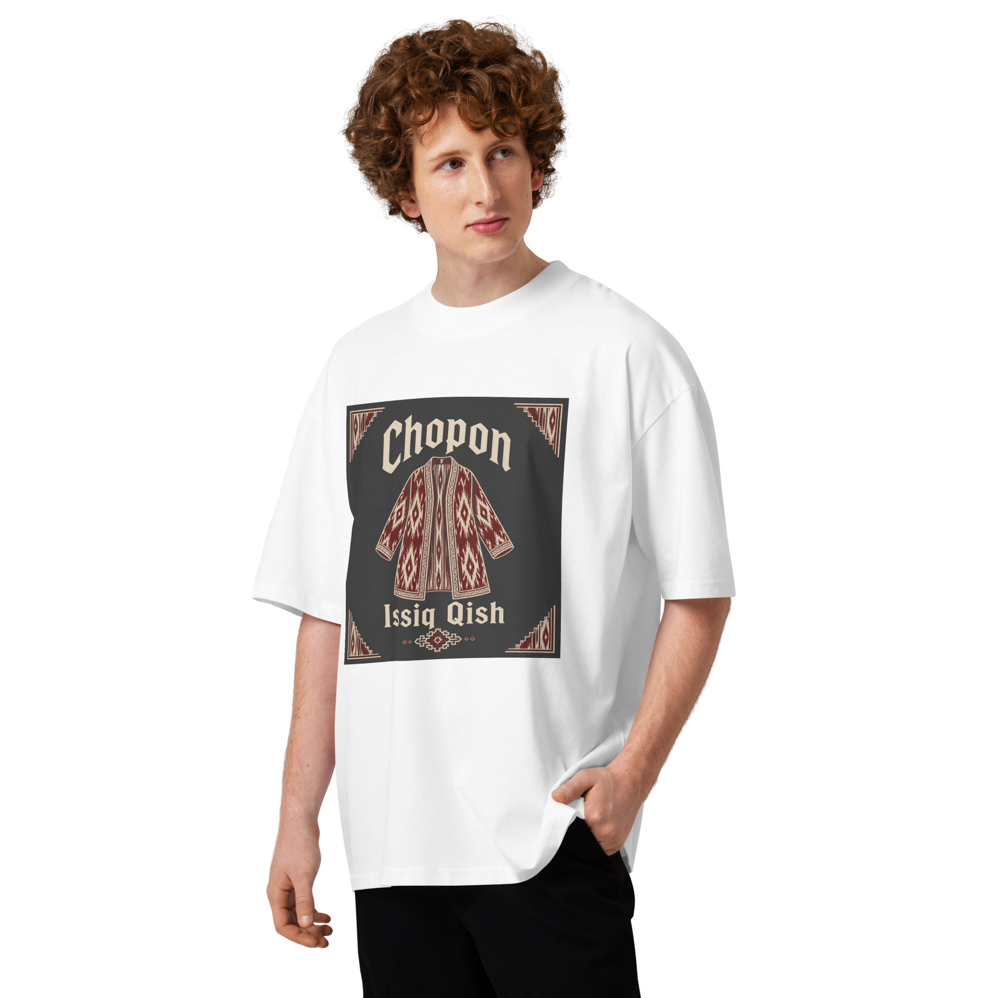 Chopon Issiq Qish traditional robe tee — white, front view