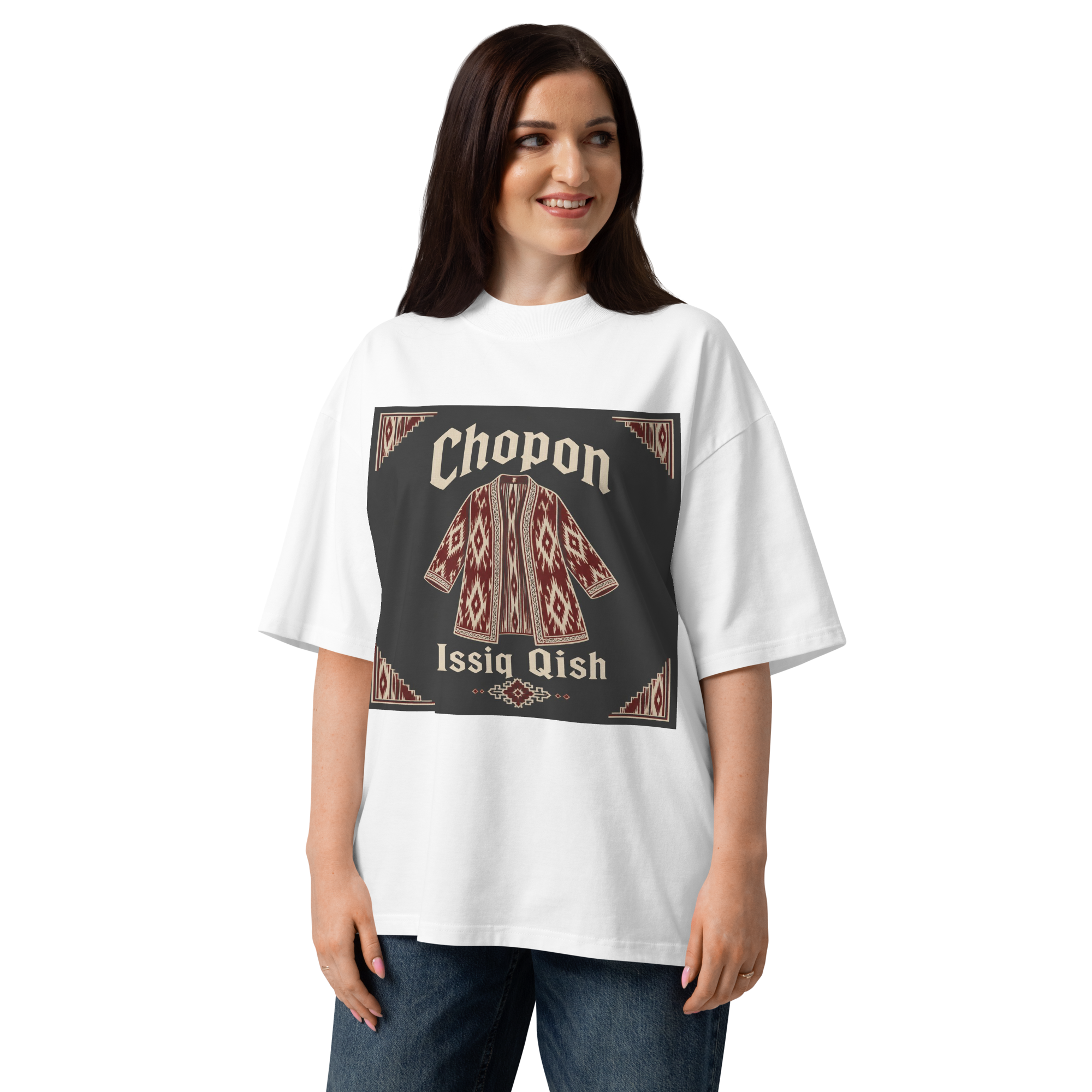 Chopon Issiq Qish traditional robe tee — white, front view