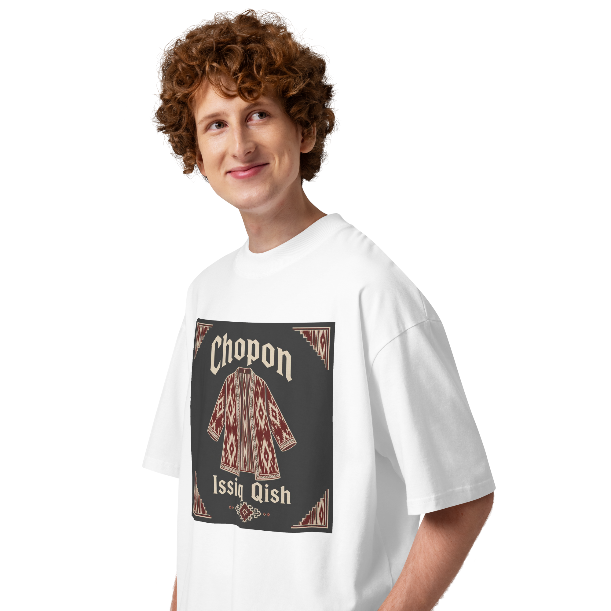 Chopon Issiq Qish traditional robe tee — white, side view