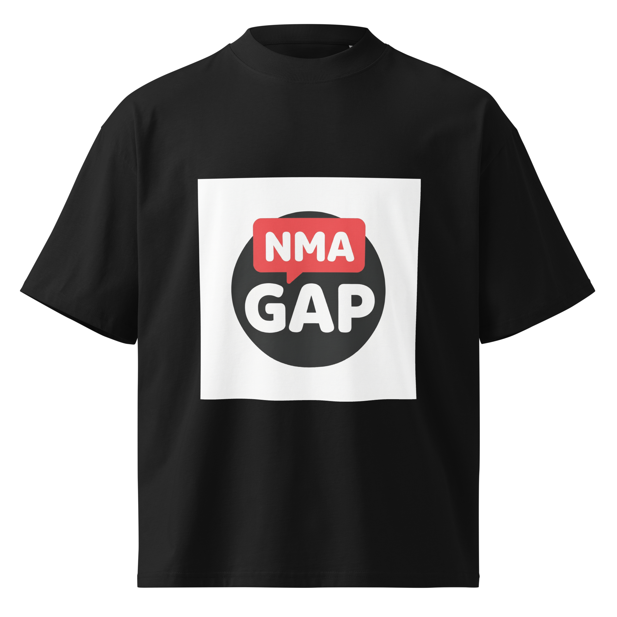 NMA GAP oversized organic cotton t-shirt — black, front (boxed logo)