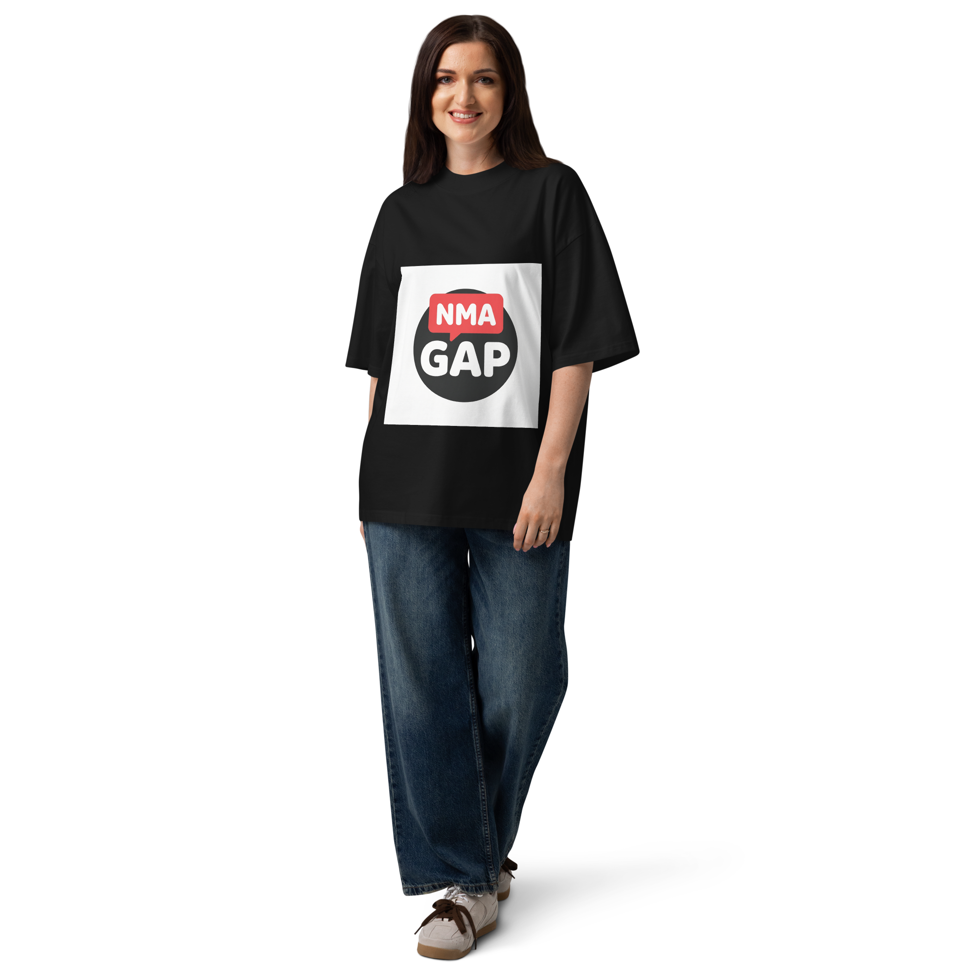 NMA GAP oversized organic cotton t-shirt — black, logo close-up