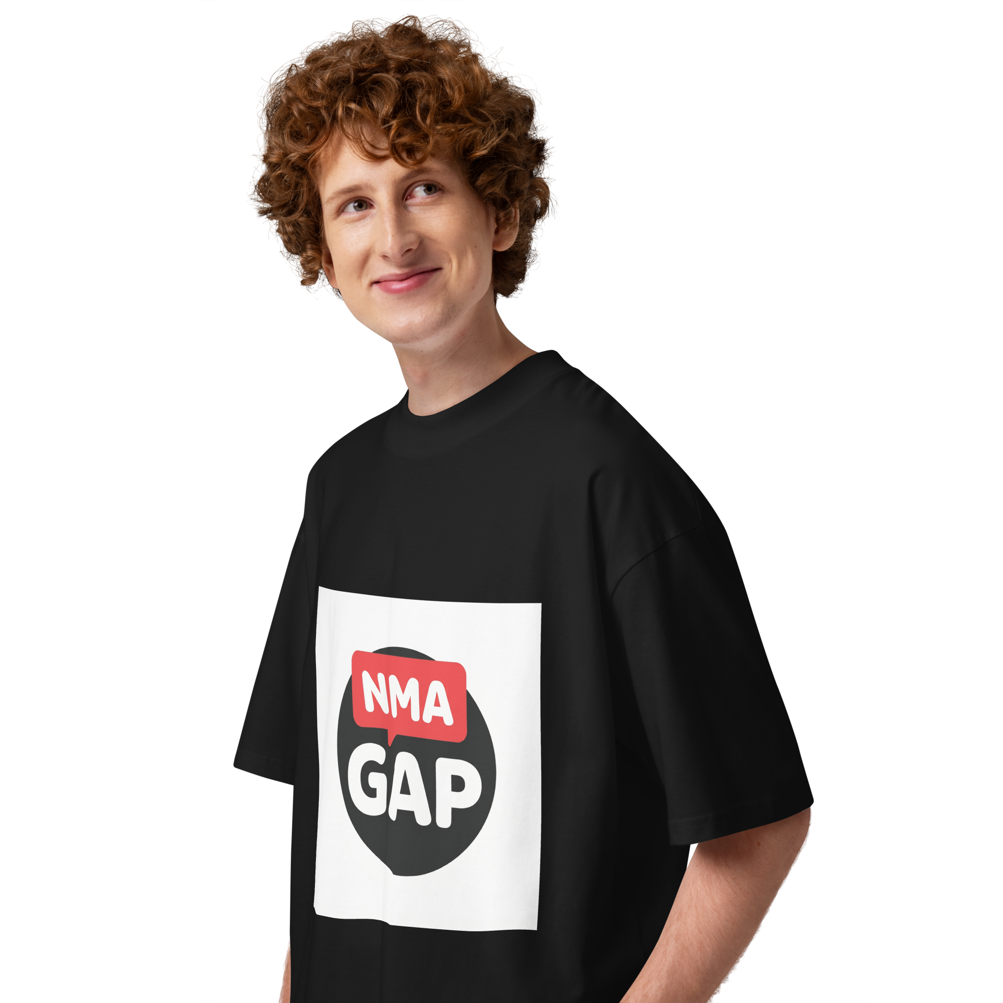NMA GAP oversized organic cotton t-shirt — black, left side on model