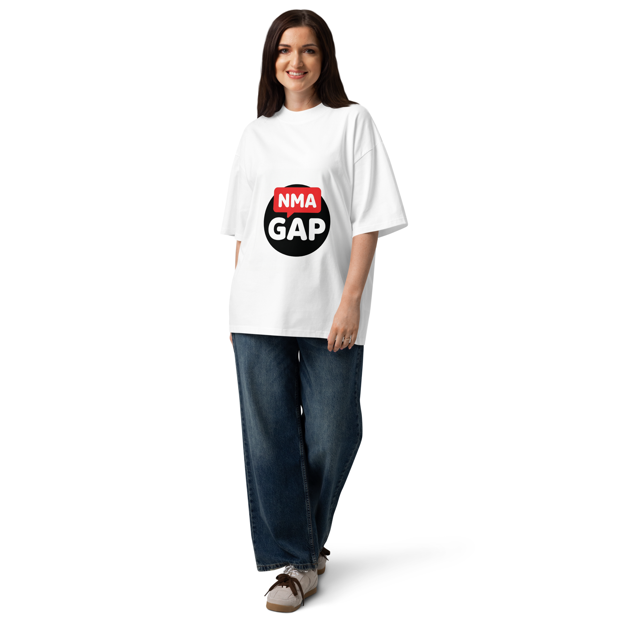 NMA GAP oversized organic cotton t-shirt — white, logo close-up