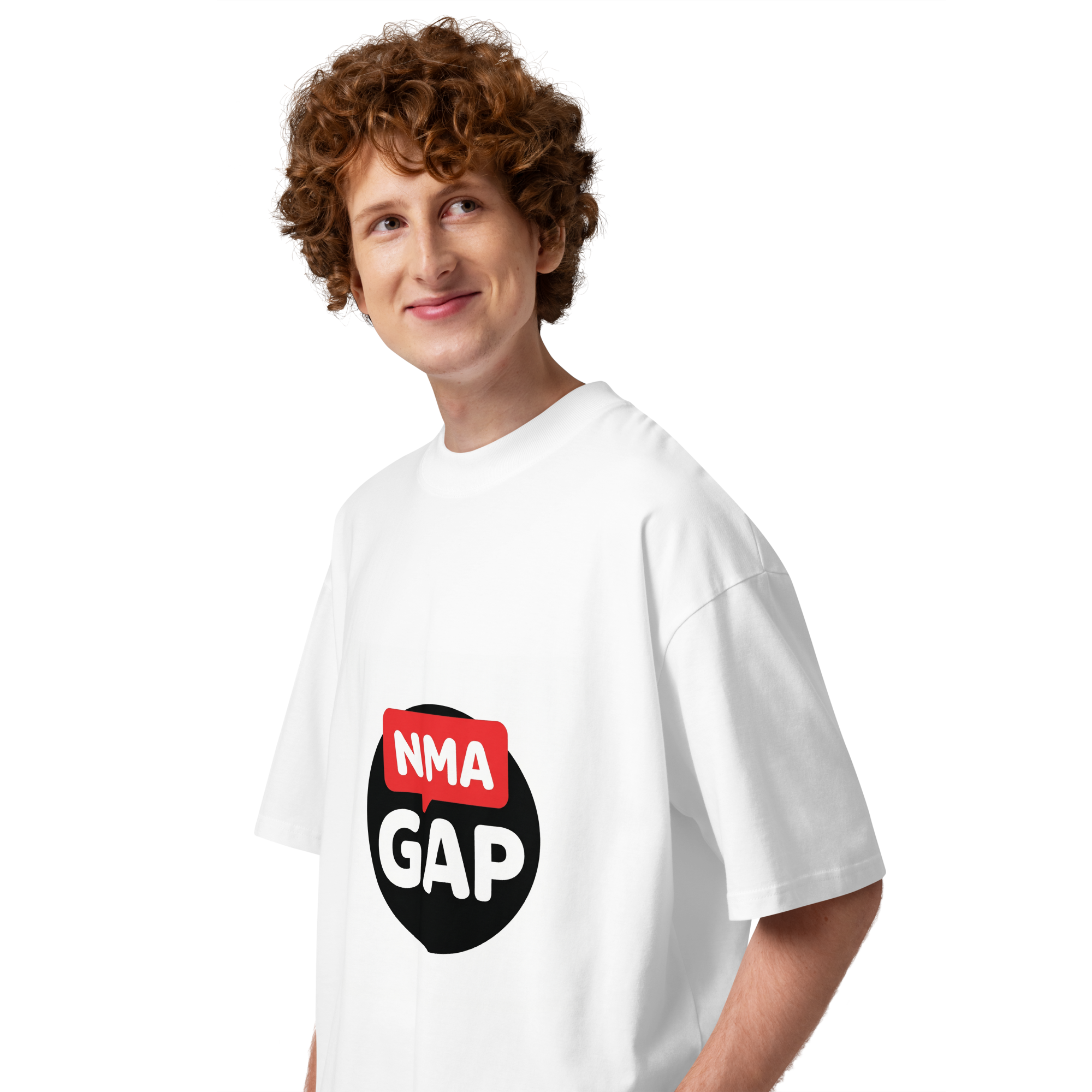 NMA GAP oversized organic cotton t-shirt — white, left side on model