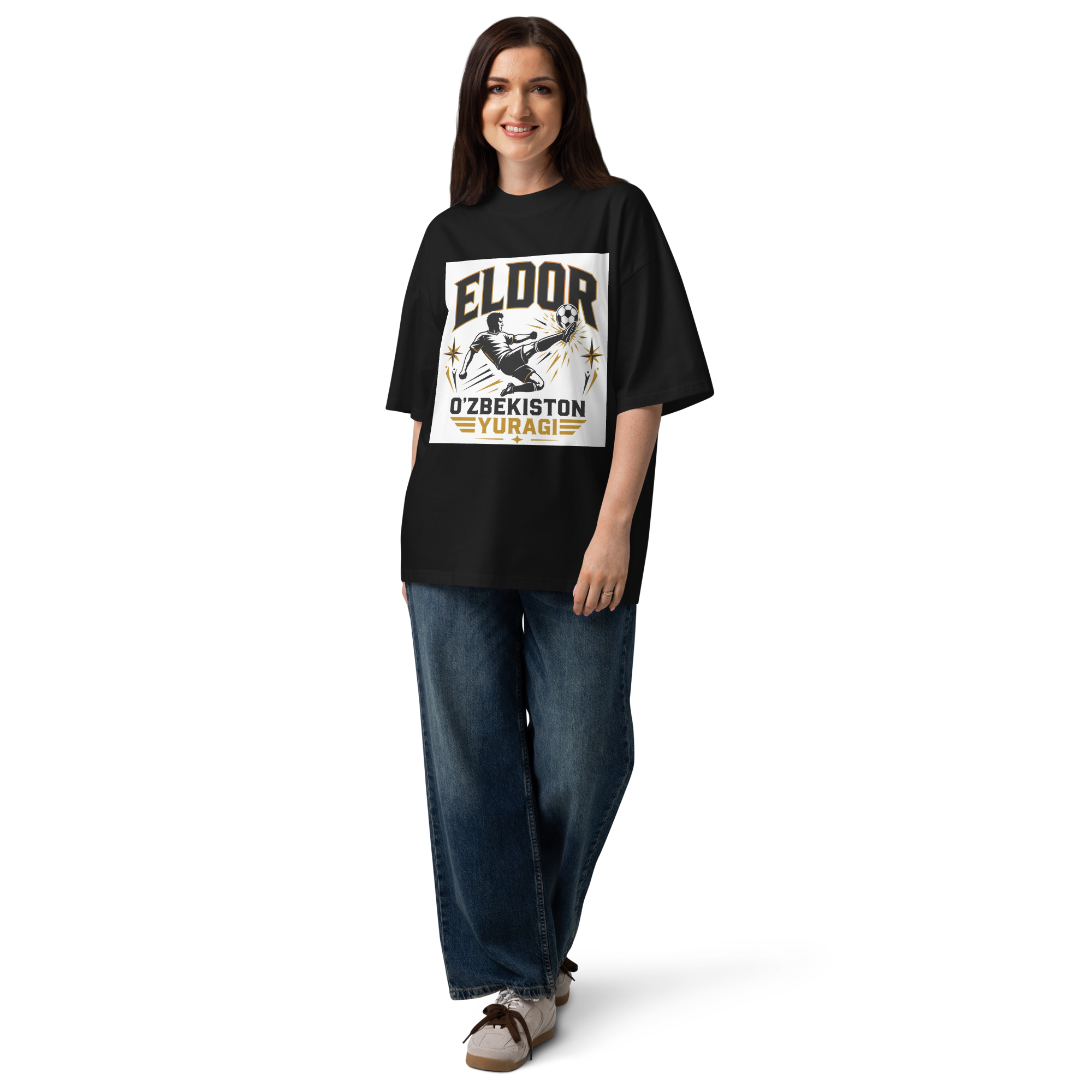 Eldor O'zbekiston Yuragi striker tribute tee — black, detail view