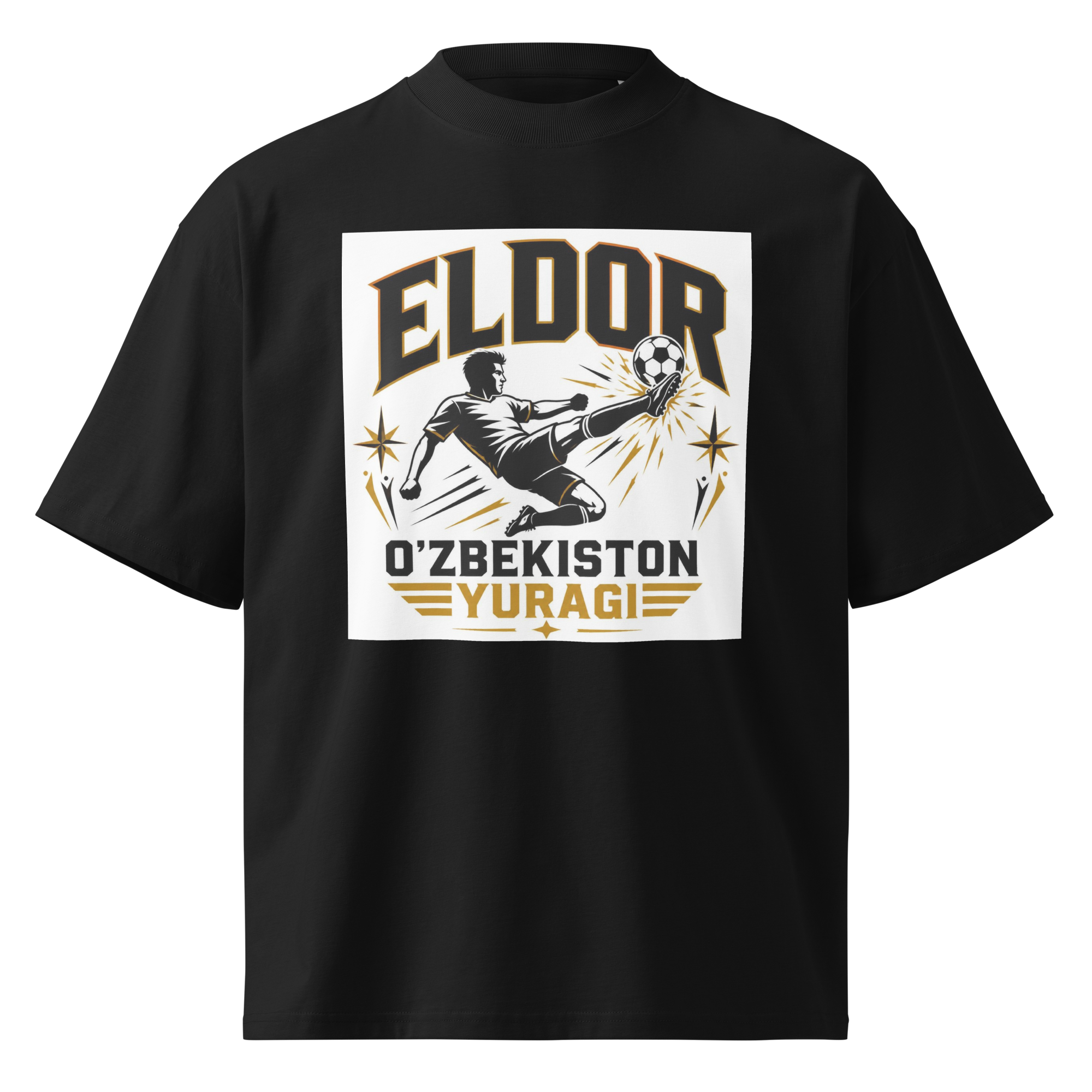 Eldor O'zbekiston Yuragi striker tribute tee — black, front view