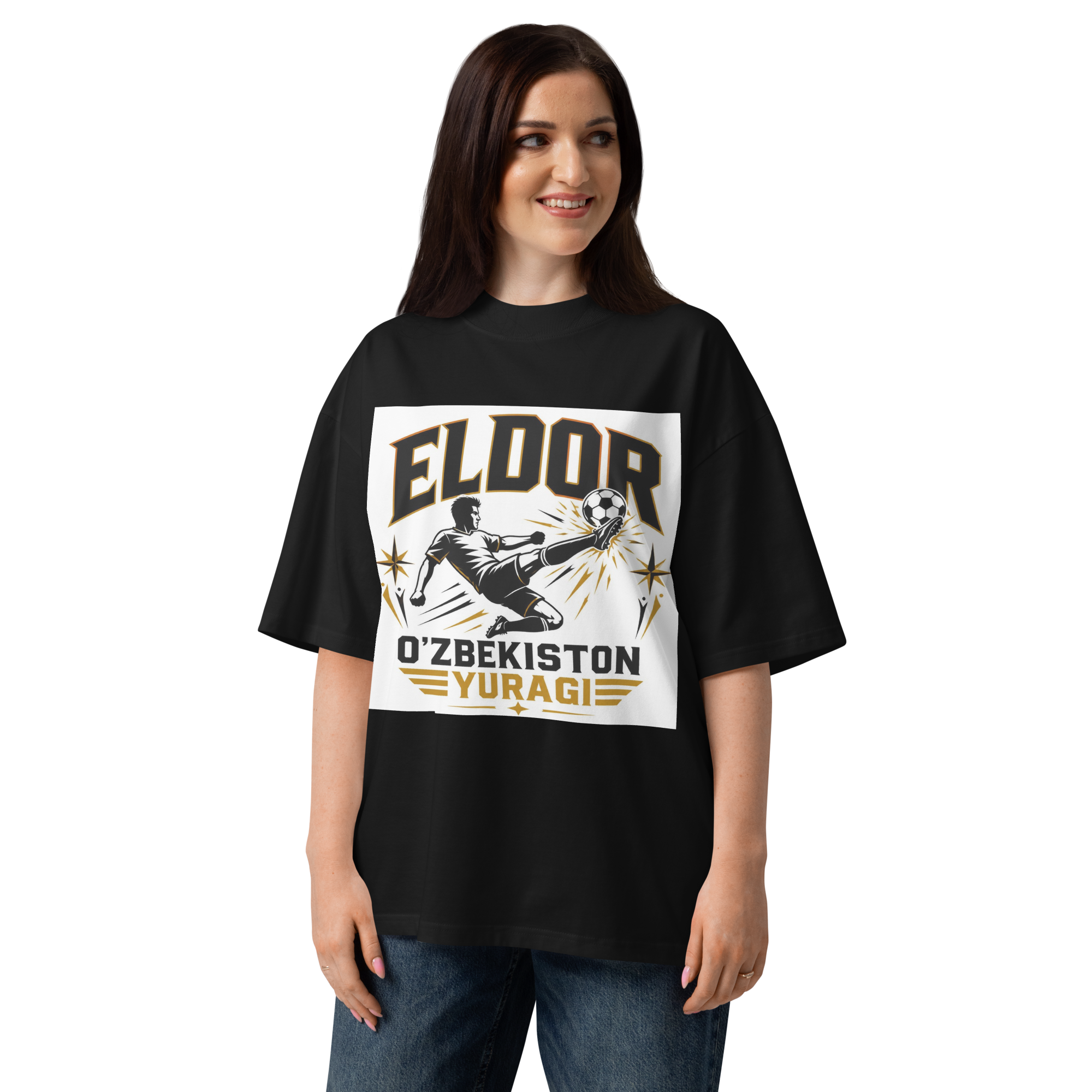 Eldor O'zbekiston Yuragi striker tribute tee — black, front view