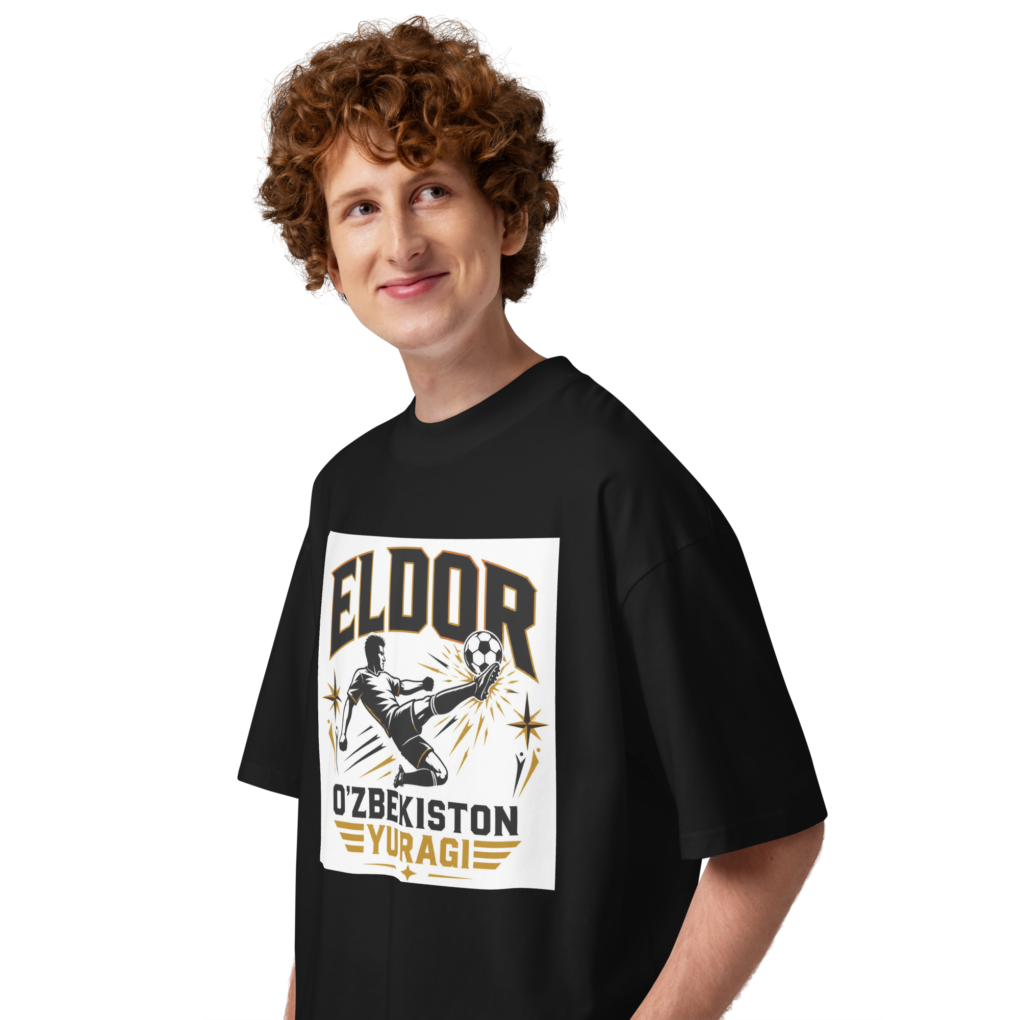 Eldor O'zbekiston Yuragi striker tribute tee — black, side view