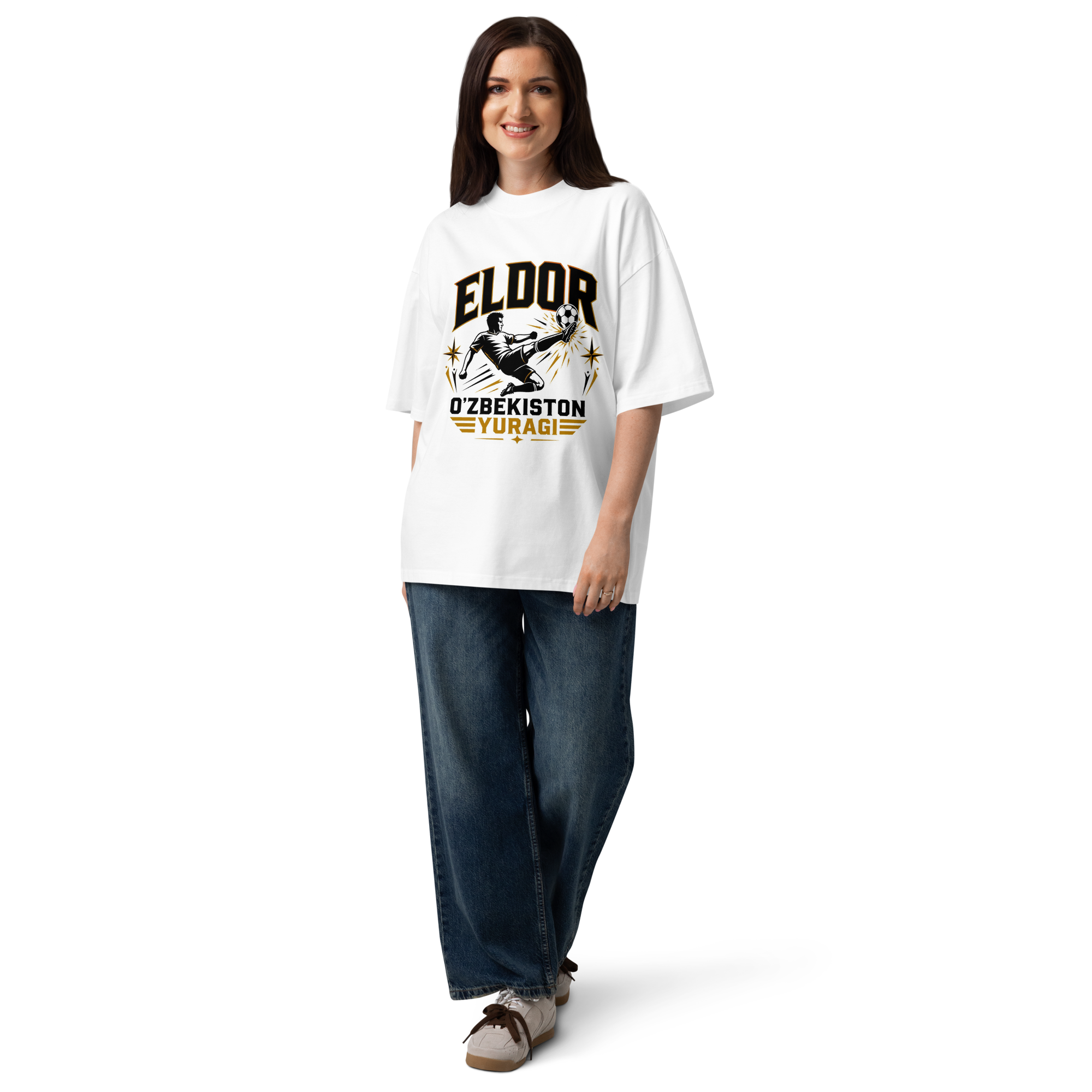 Eldor O'zbekiston Yuragi striker tribute tee — white, detail view