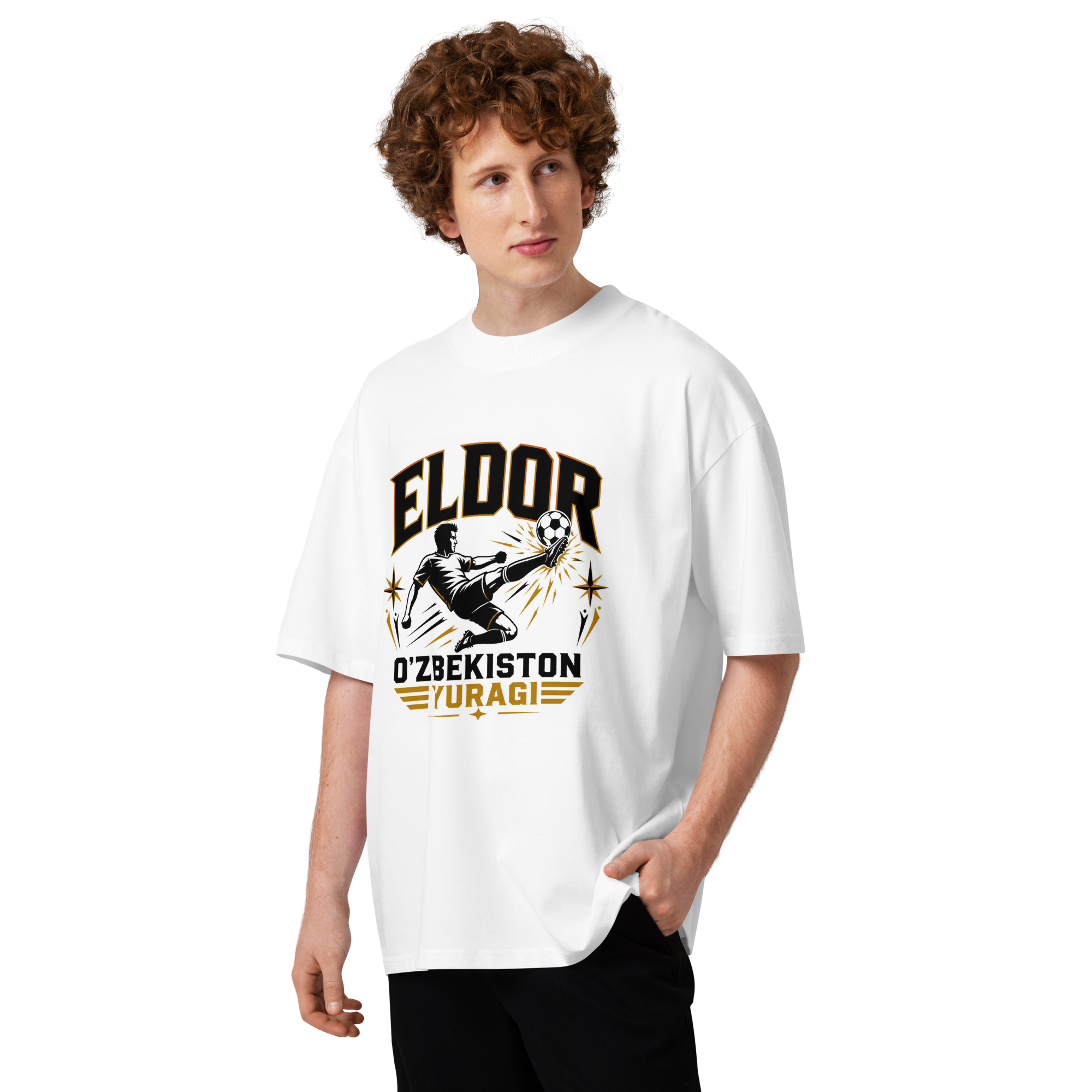 Eldor O'zbekiston Yuragi striker tribute tee — white, front view