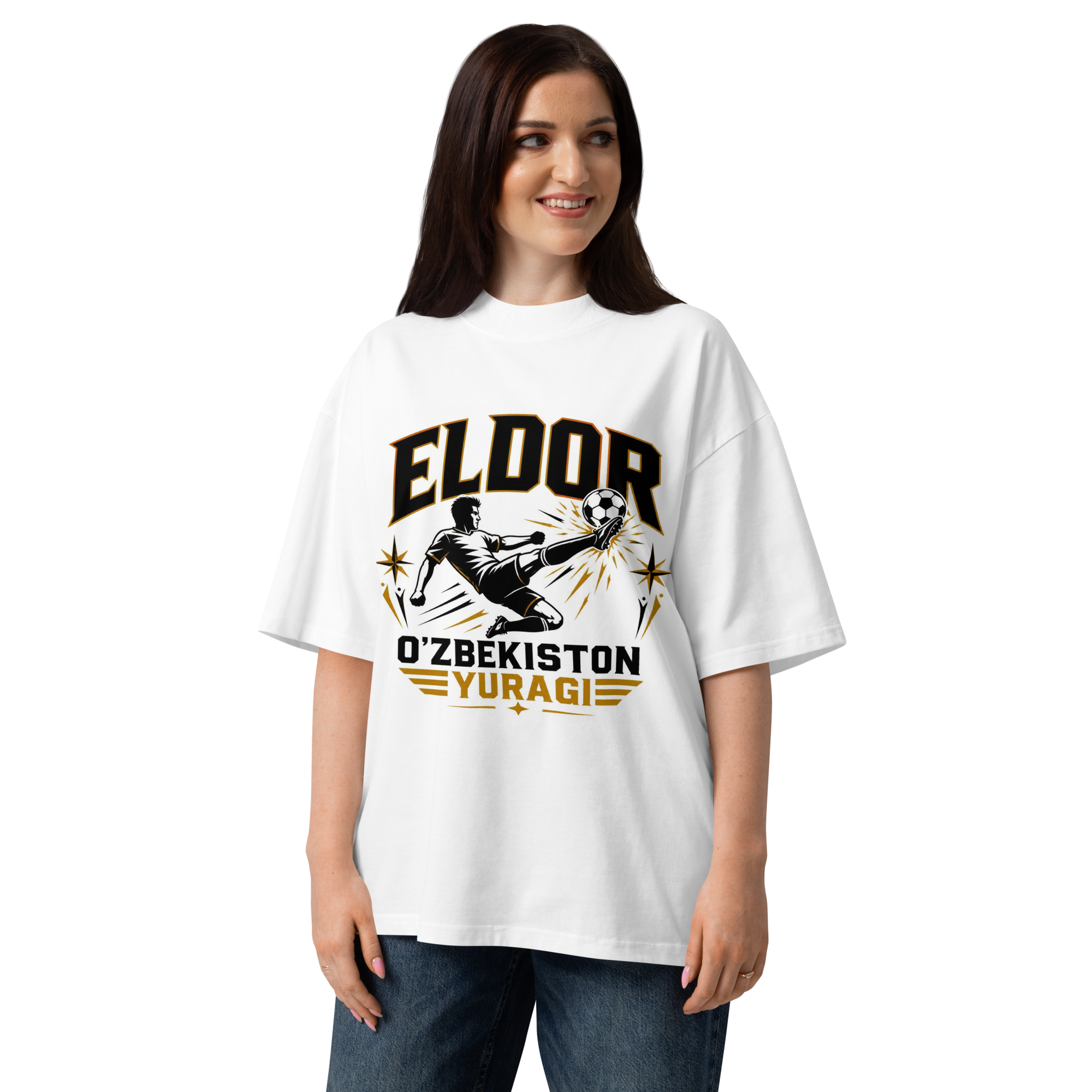 Eldor O'zbekiston Yuragi striker tribute tee — white, front view