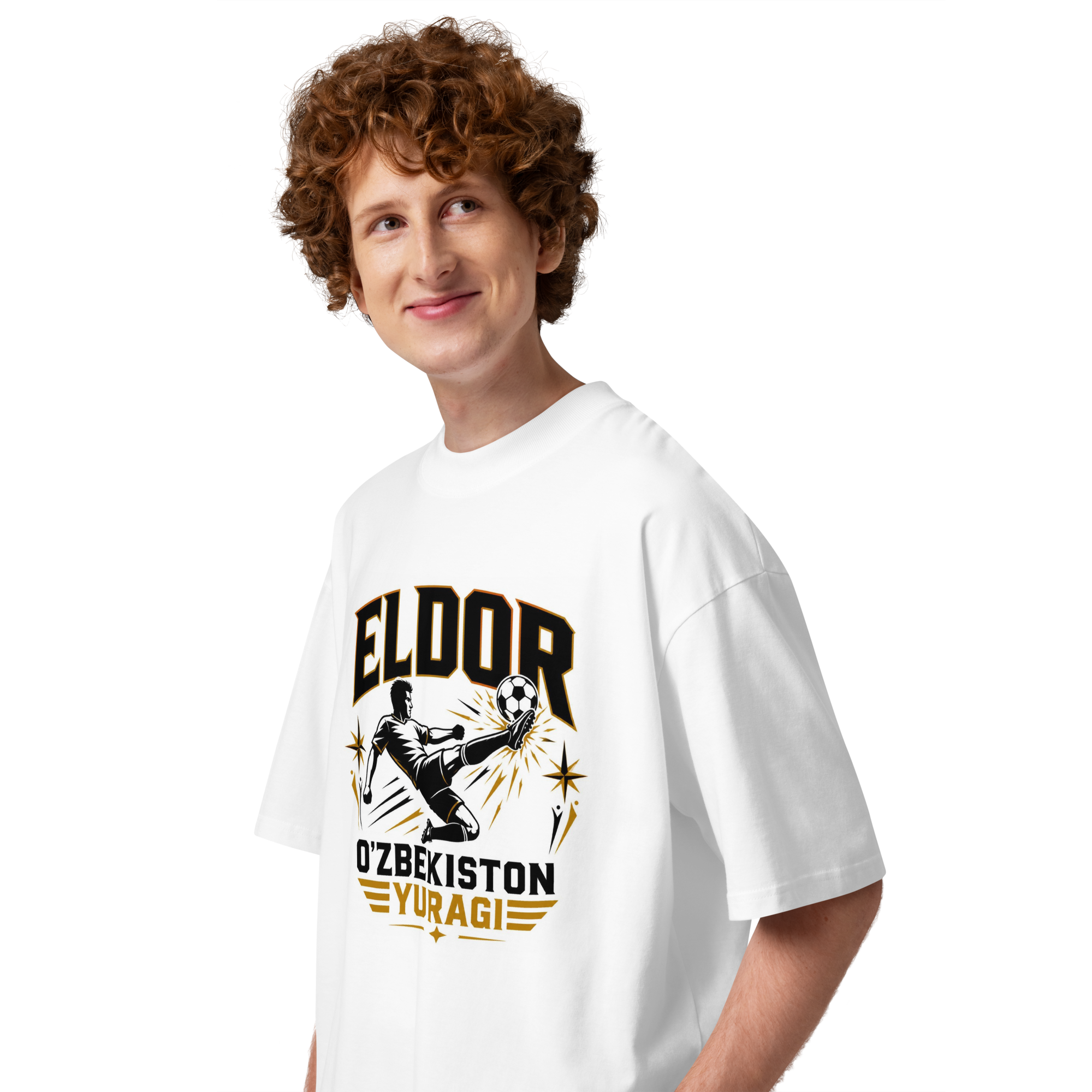 Eldor O'zbekiston Yuragi striker tribute tee — white, side view