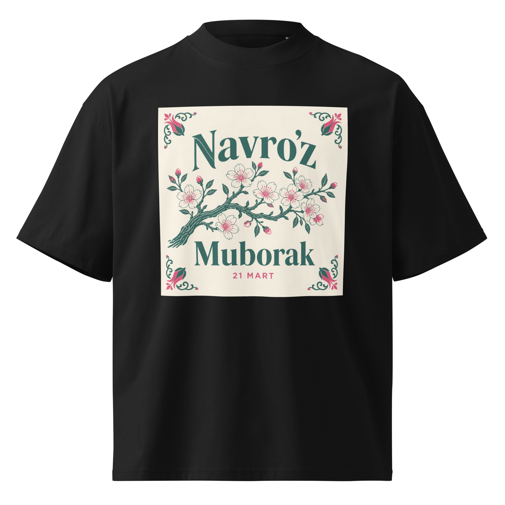 Navro'z Muborak blossom branch tee — black, front view