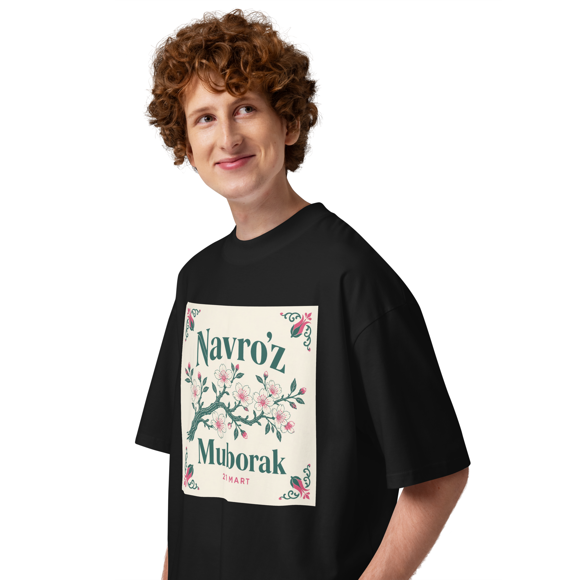 Navro'z Muborak blossom branch tee — black, side view