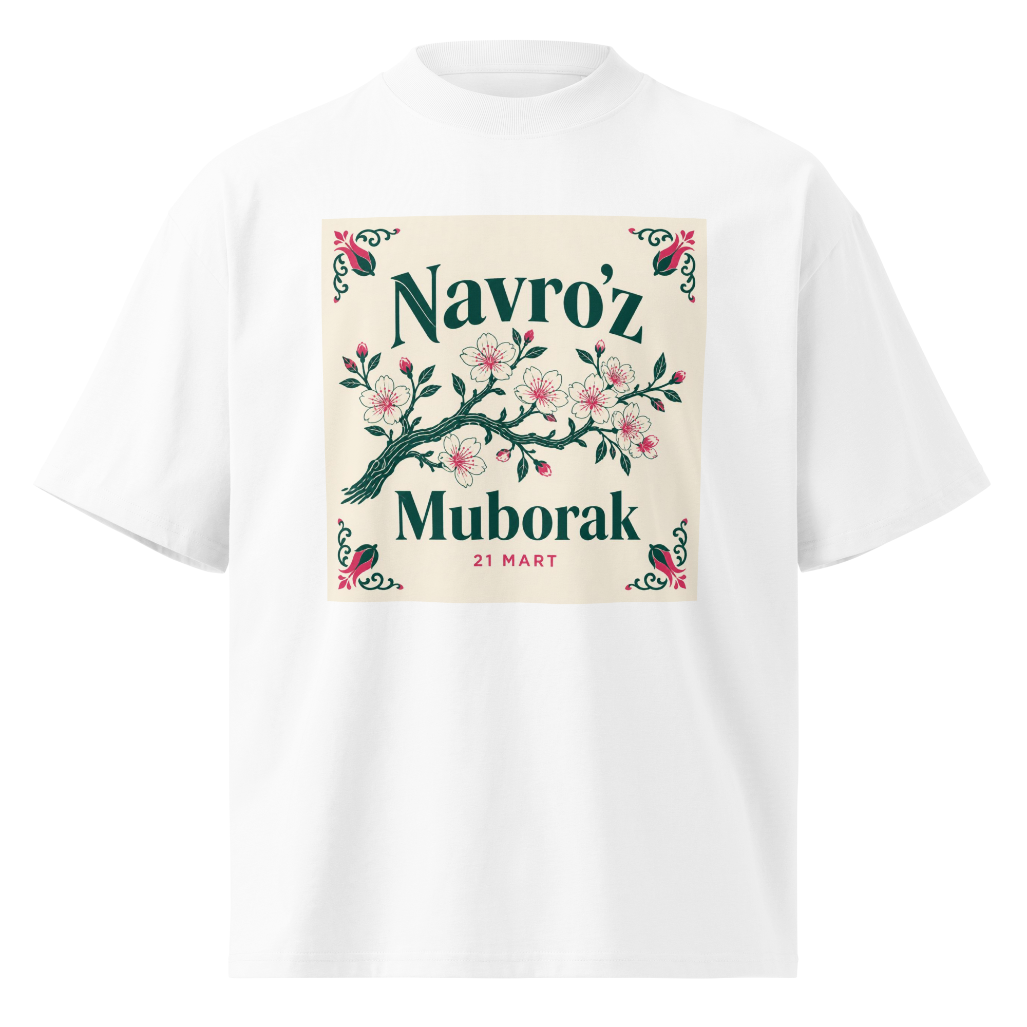 Navro'z Muborak blossom branch tee — white, front view