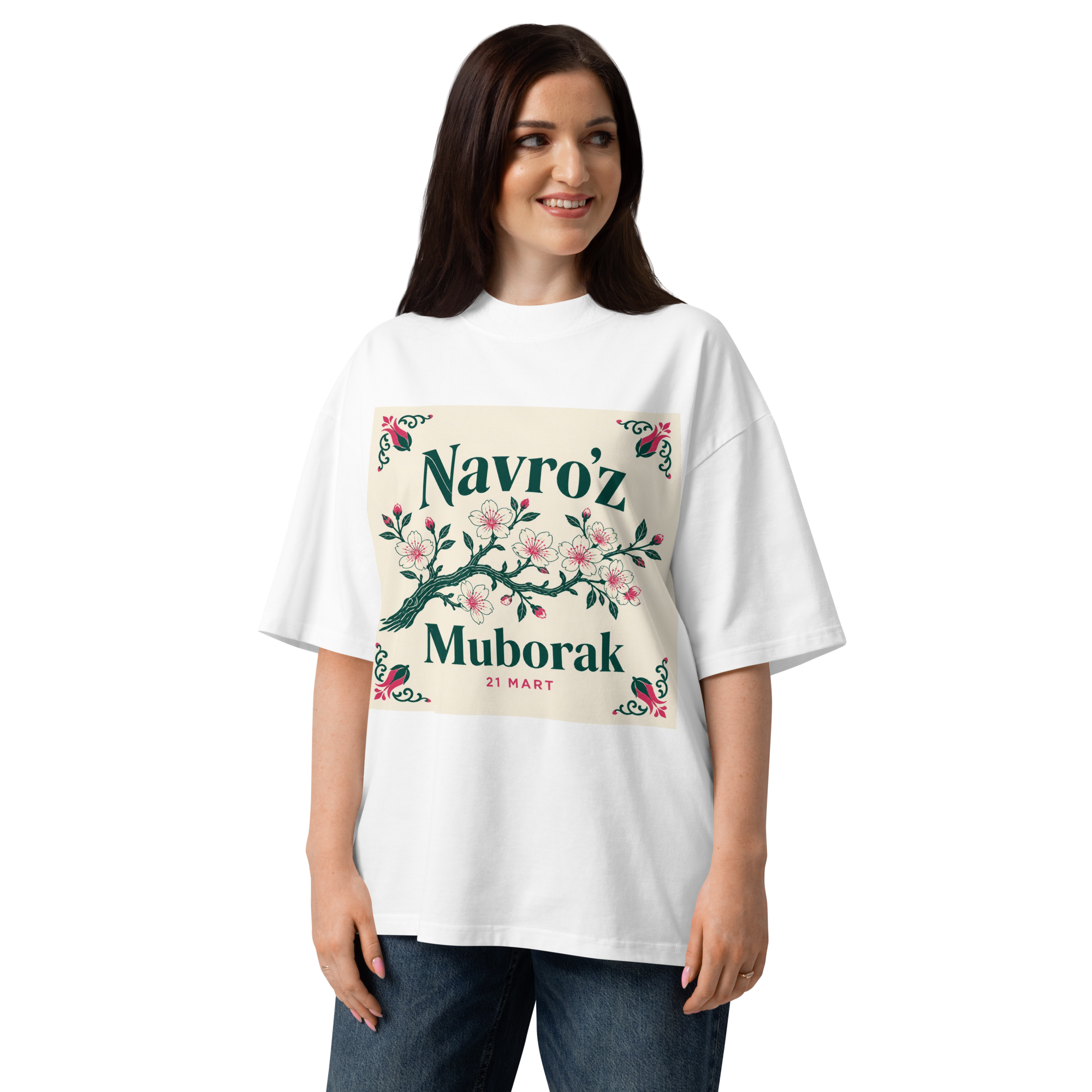 Navro'z Muborak blossom branch tee — white, front view