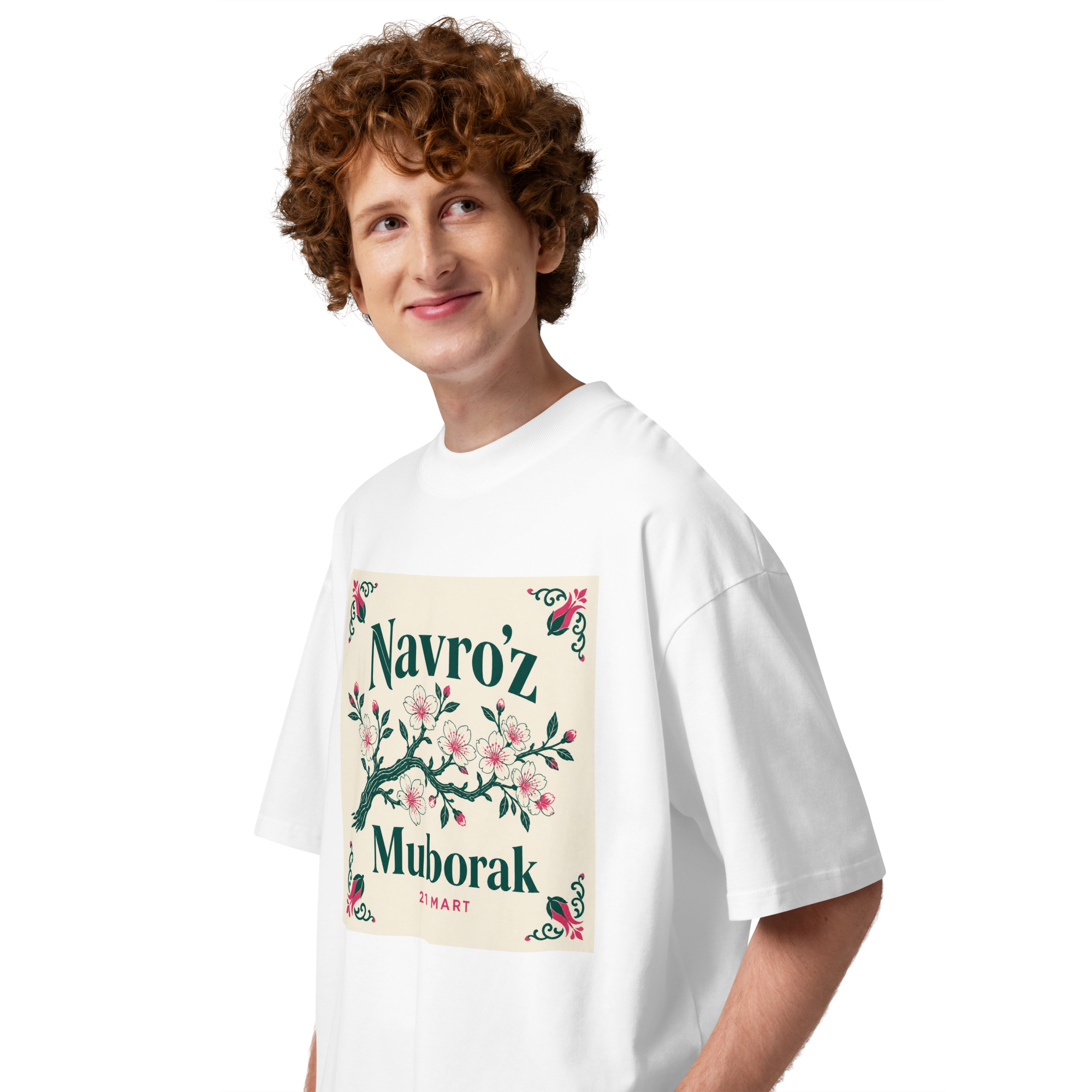 Navro'z Muborak blossom branch tee — white, side view