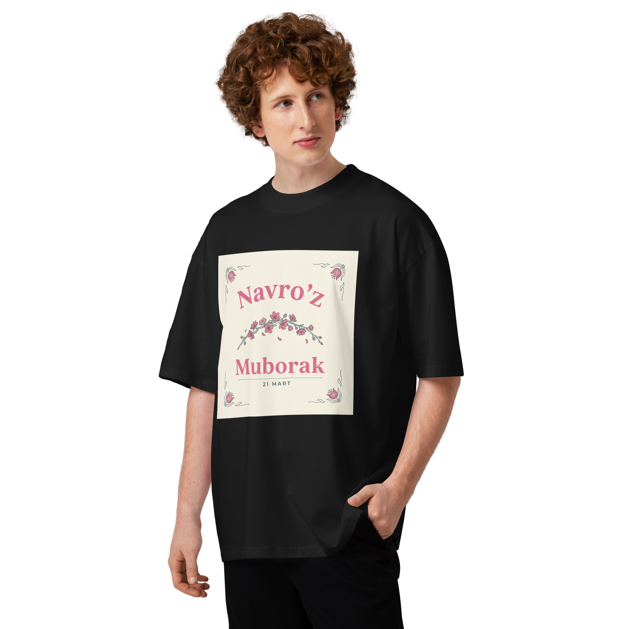 Navro'z Muborak pink blossom tee — black, front view