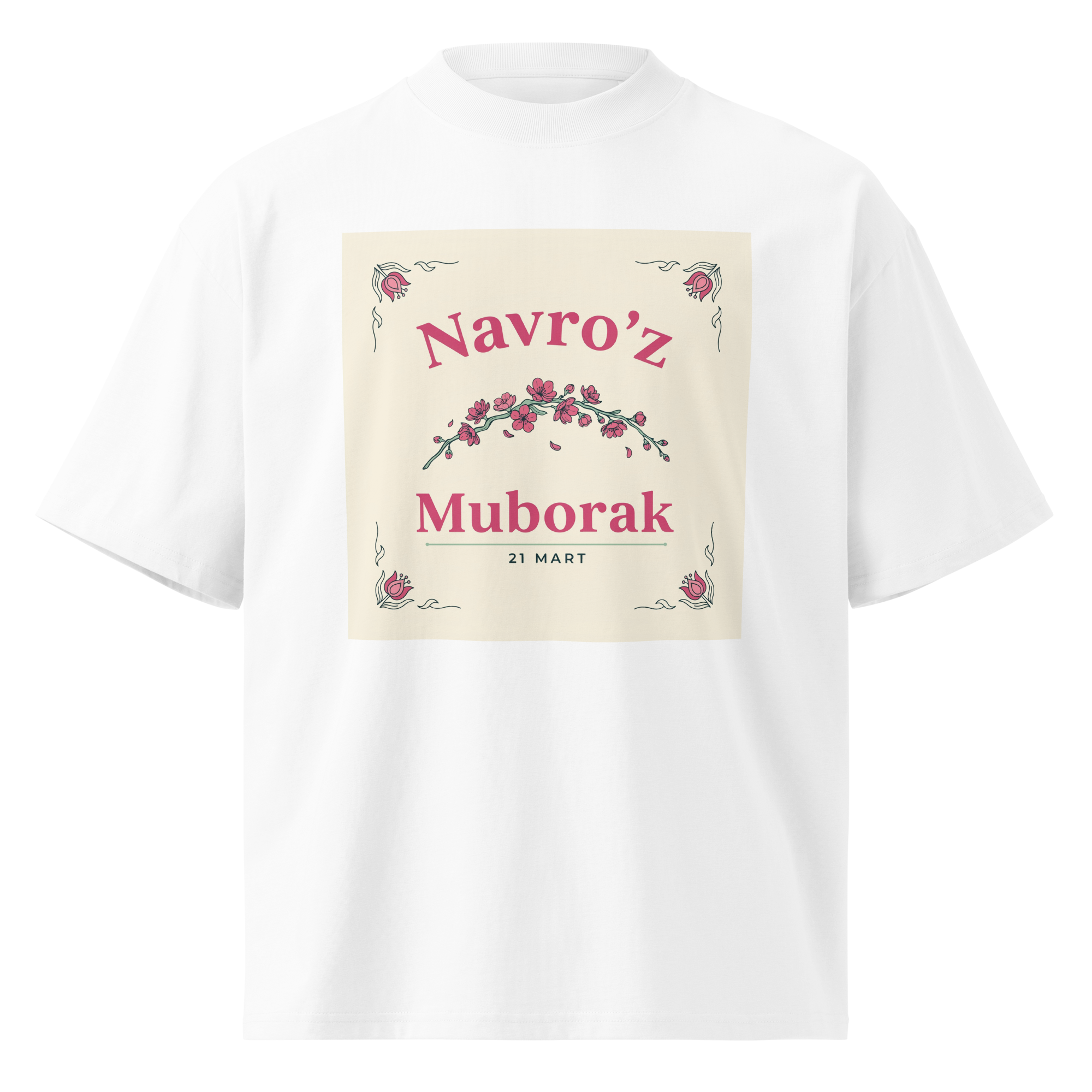 Navro'z Muborak pink blossom tee — white, front view
