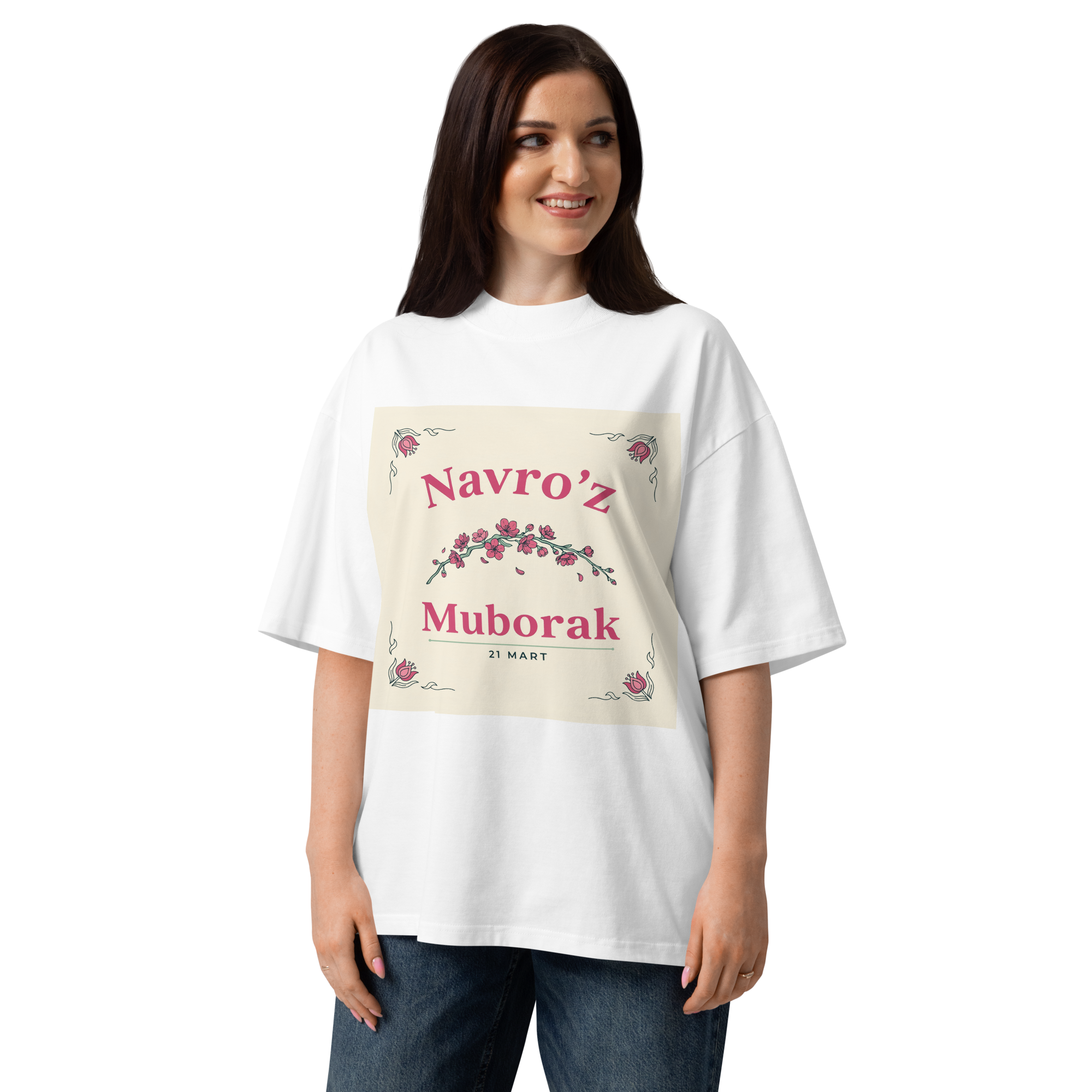 Navro'z Muborak pink blossom tee — white, front view