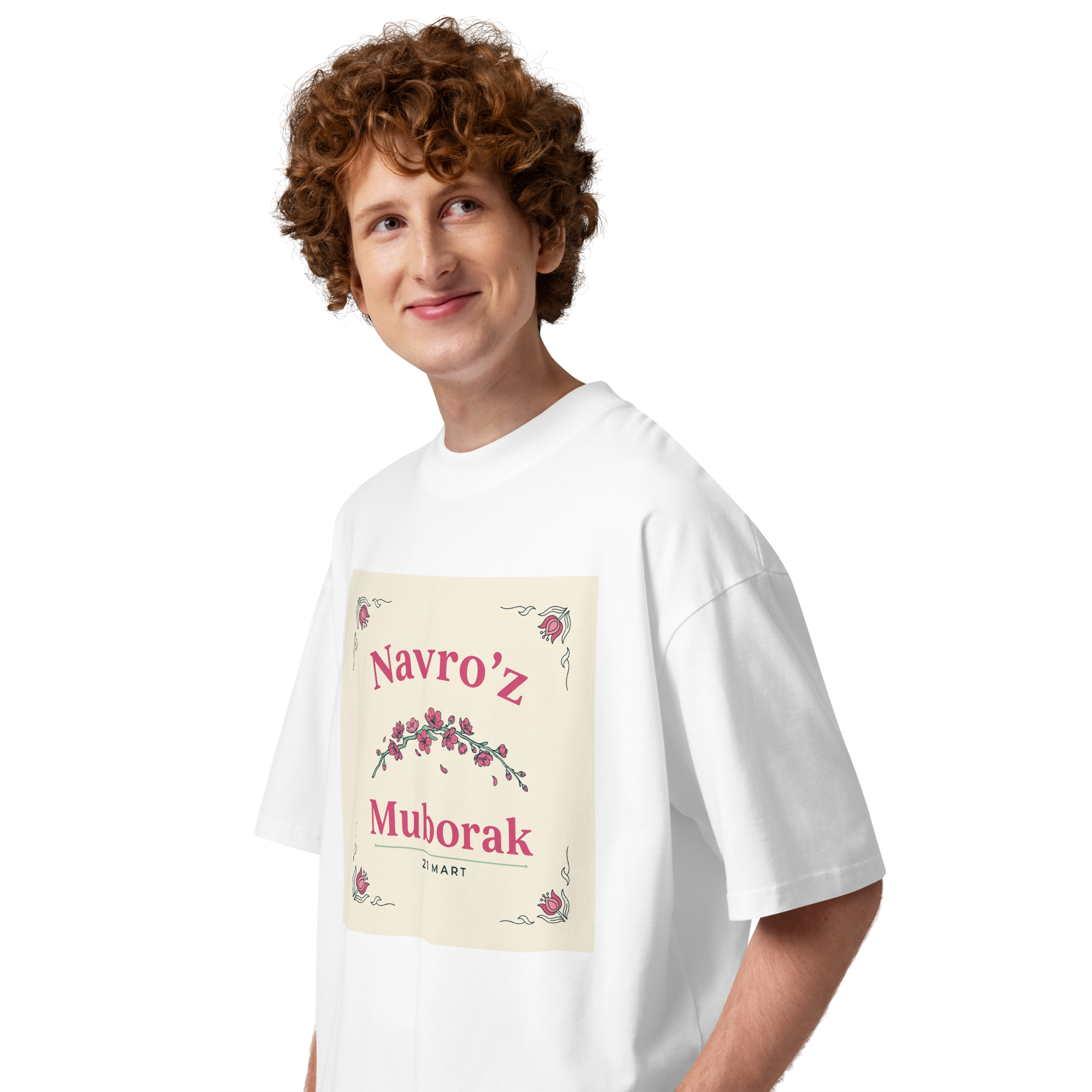 Navro'z Muborak pink blossom tee — white, side view