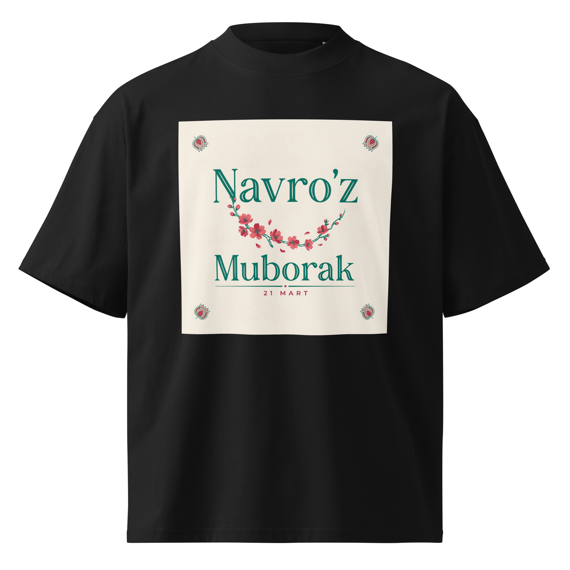 Navro'z Muborak teal garland tee — black, front view