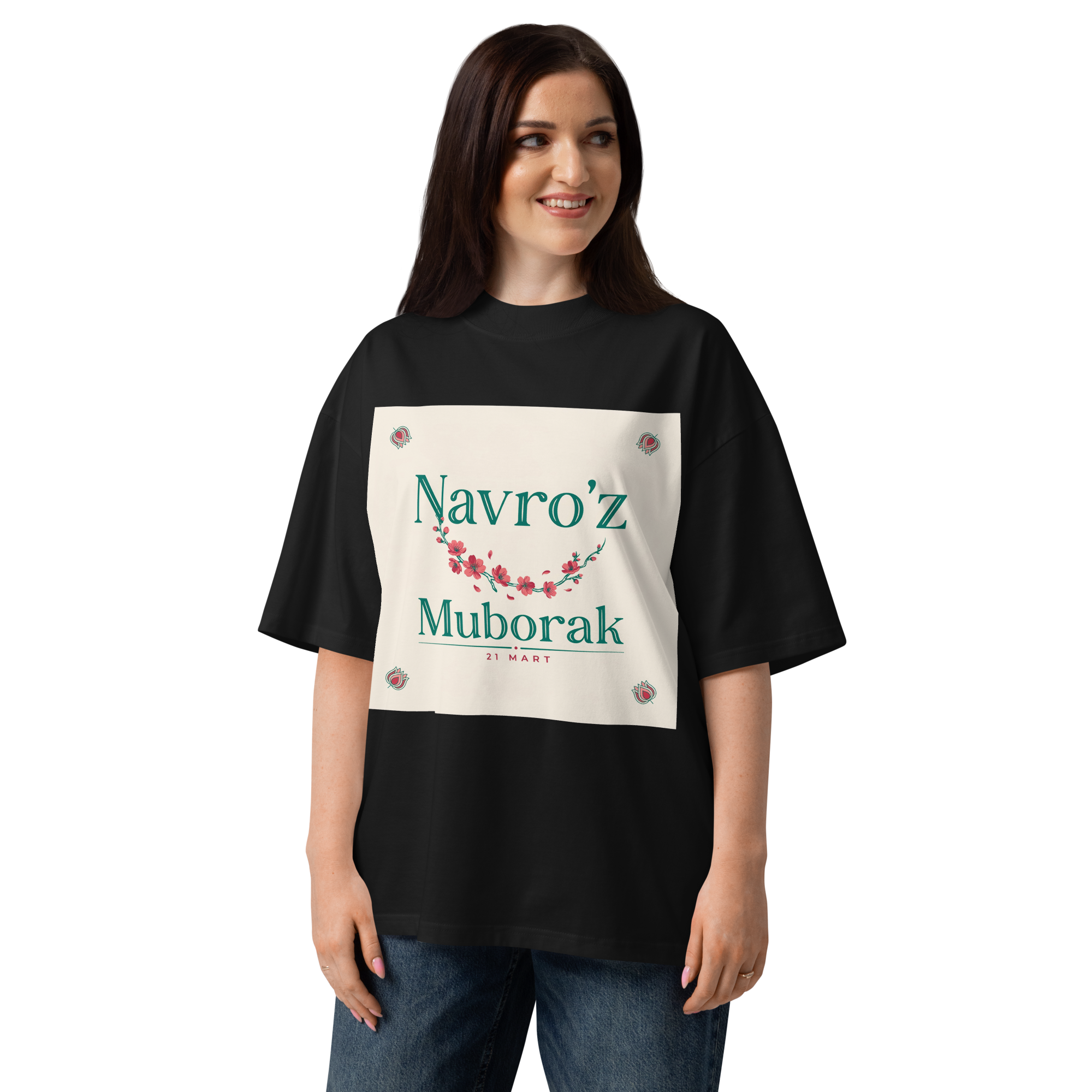 Navro'z Muborak teal garland tee — black, front view