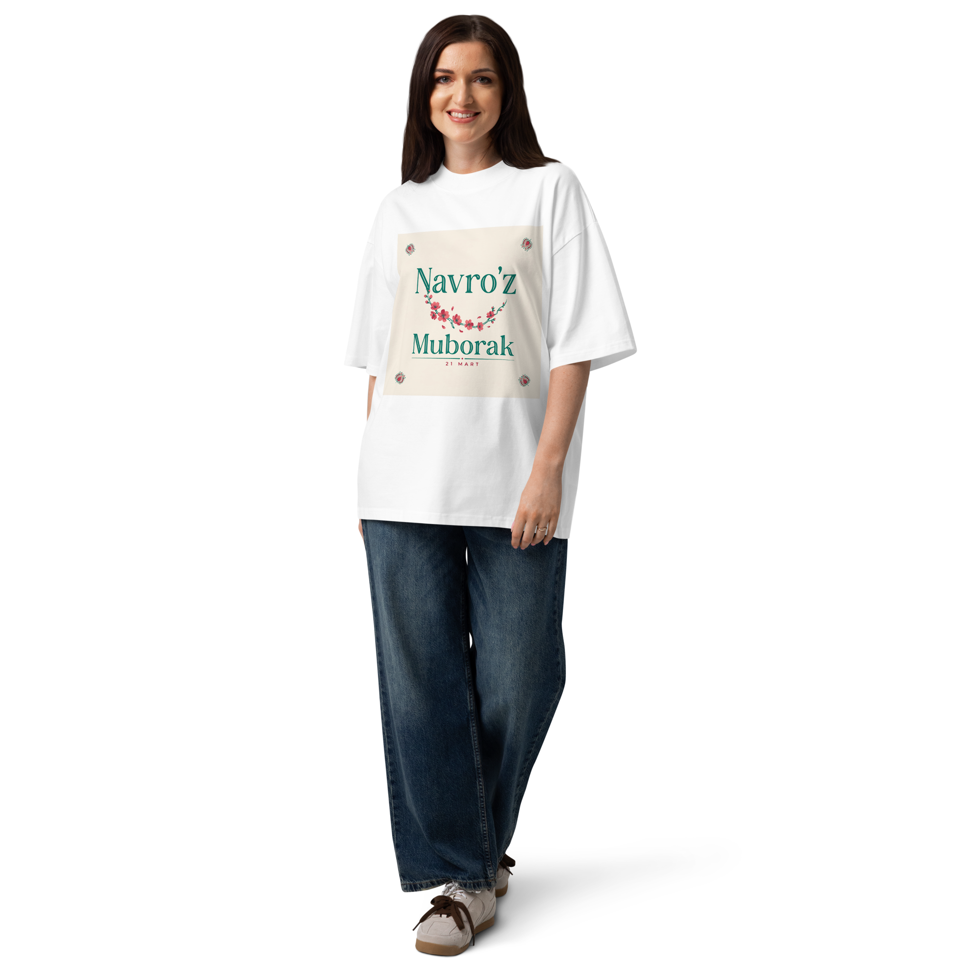 Navro'z Muborak teal garland tee — white, detail view
