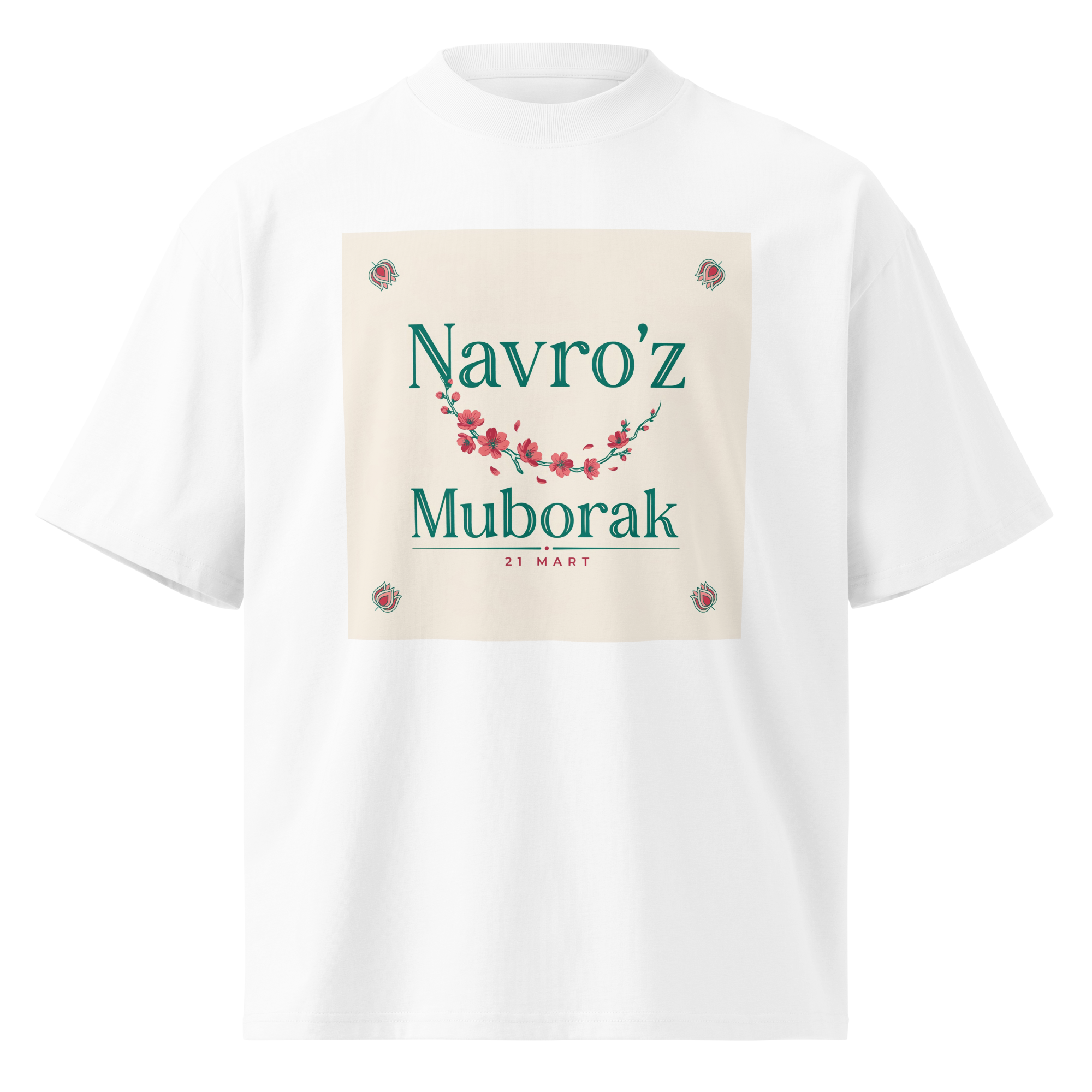 Navro'z Muborak teal garland tee — white, front view