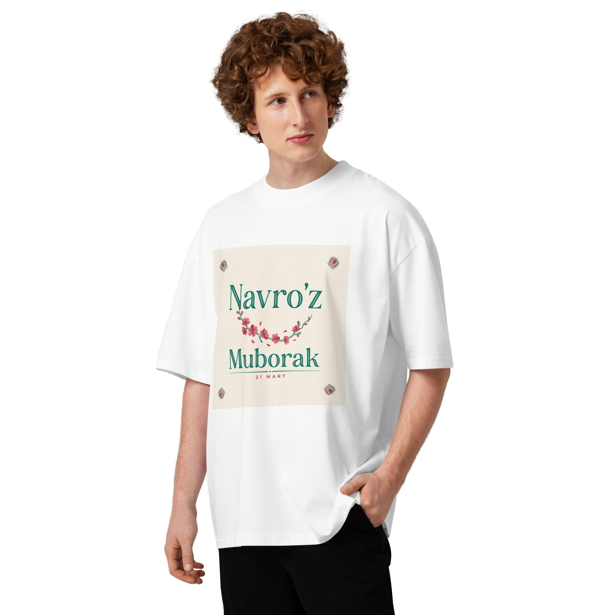 Navro'z Muborak teal garland tee — white, front view