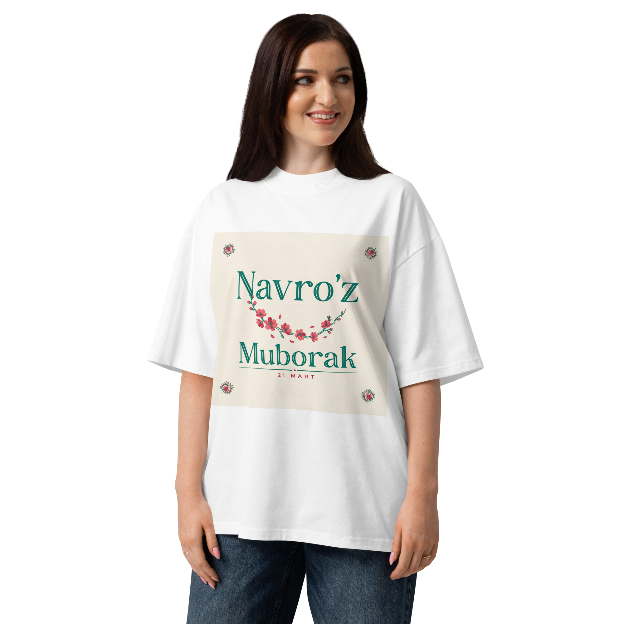 Navro'z Muborak teal garland tee — white, front view