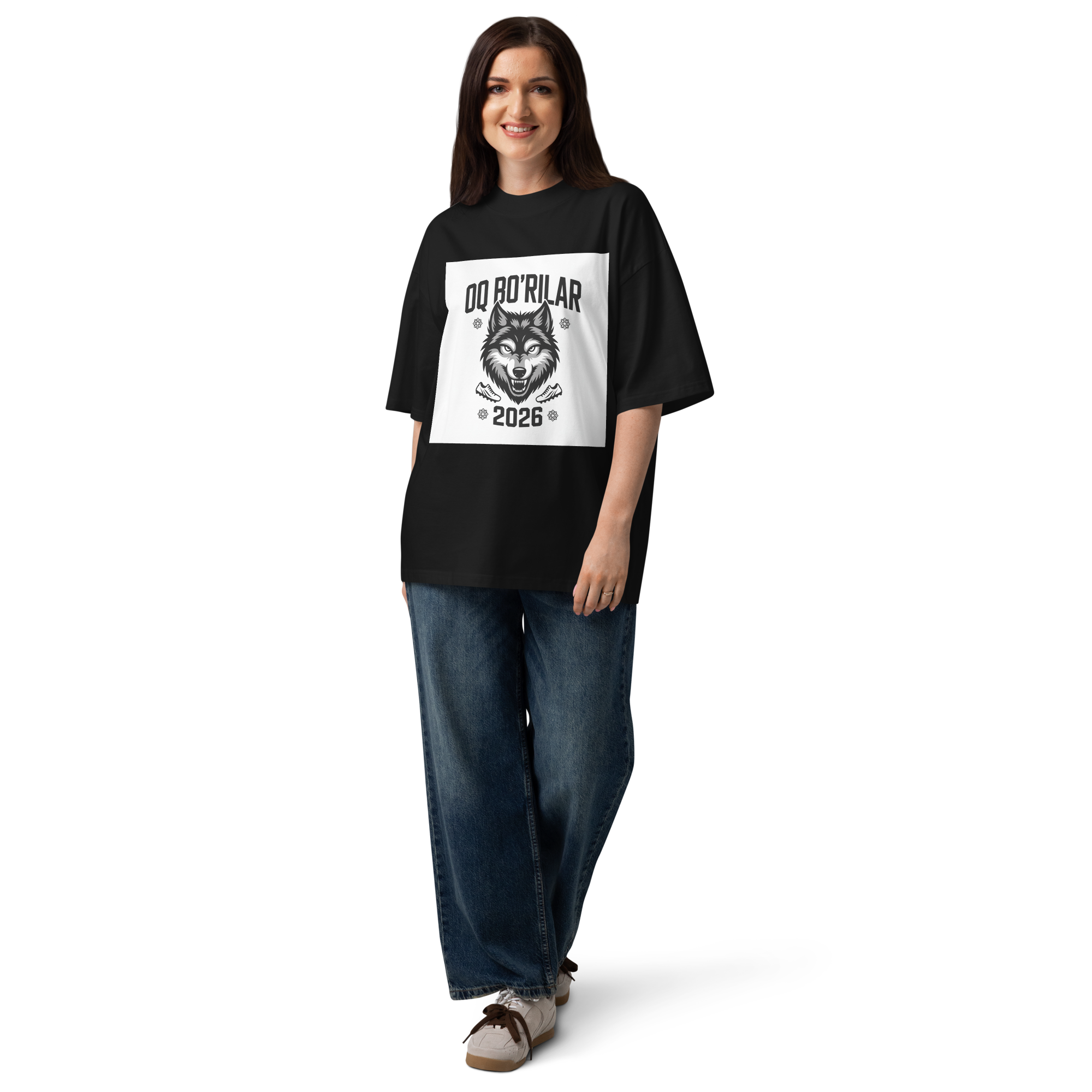 Oq Bo'rilar 2026 wolf football tee — black, detail view