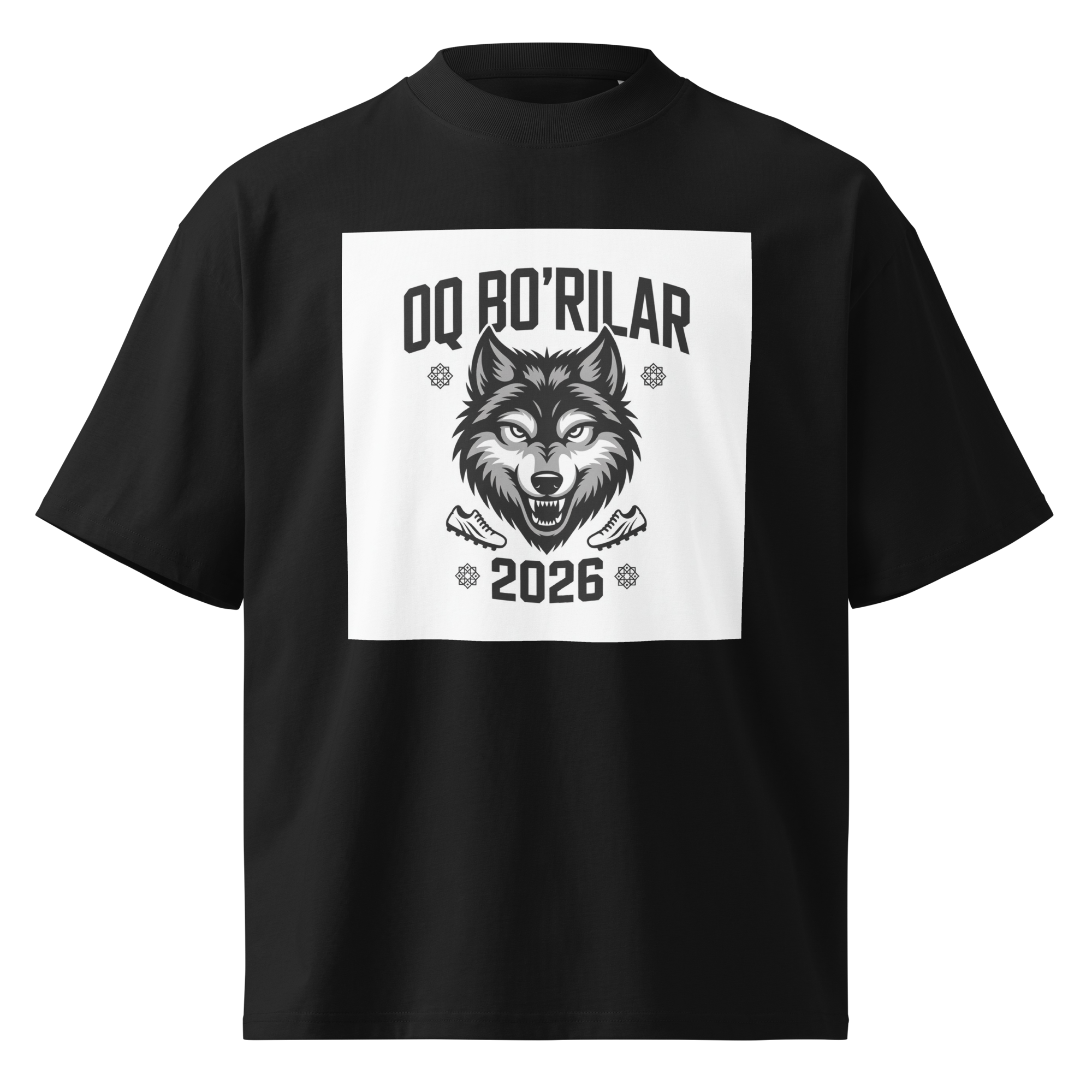Oq Bo'rilar 2026 wolf football tee — black, front view
